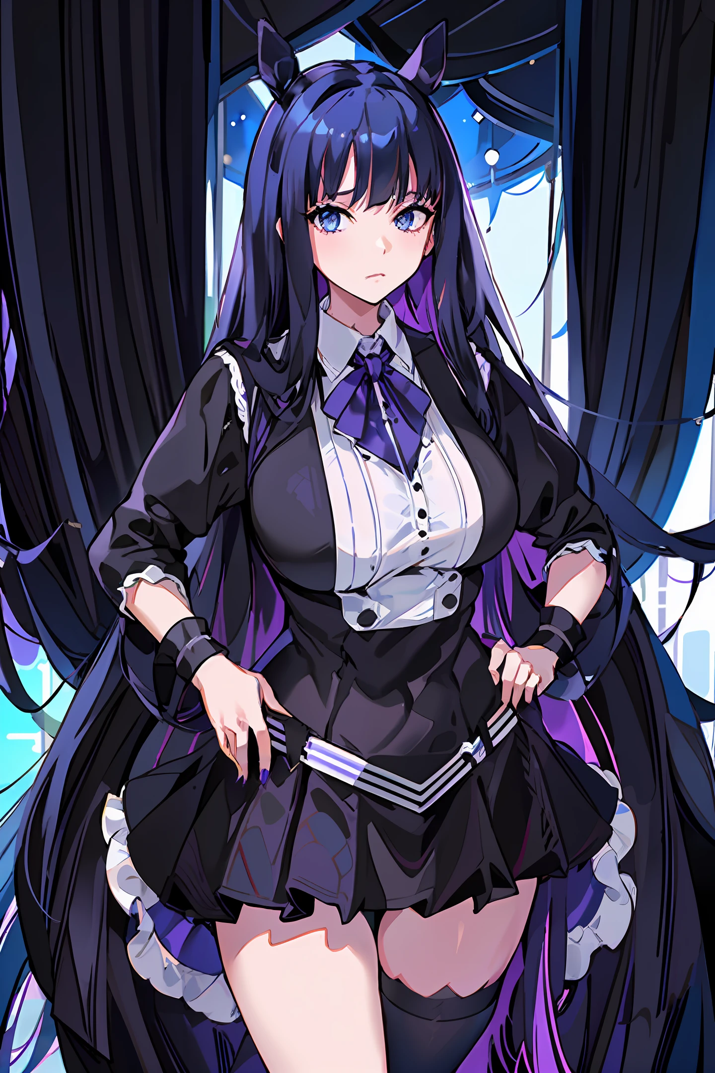 Young Woman, (((bluish-black horse ears)), (((bluish-black horse tail)), bluish-black hair, very long hair, super long hair, looking at the camera, straight face, expressionless, very large breasts, huge, big, (((purple sailor suit)), miniskirt, 4K, 8K, (masterpiece), (best quality), (high definition), (anime)))), ((full shot))