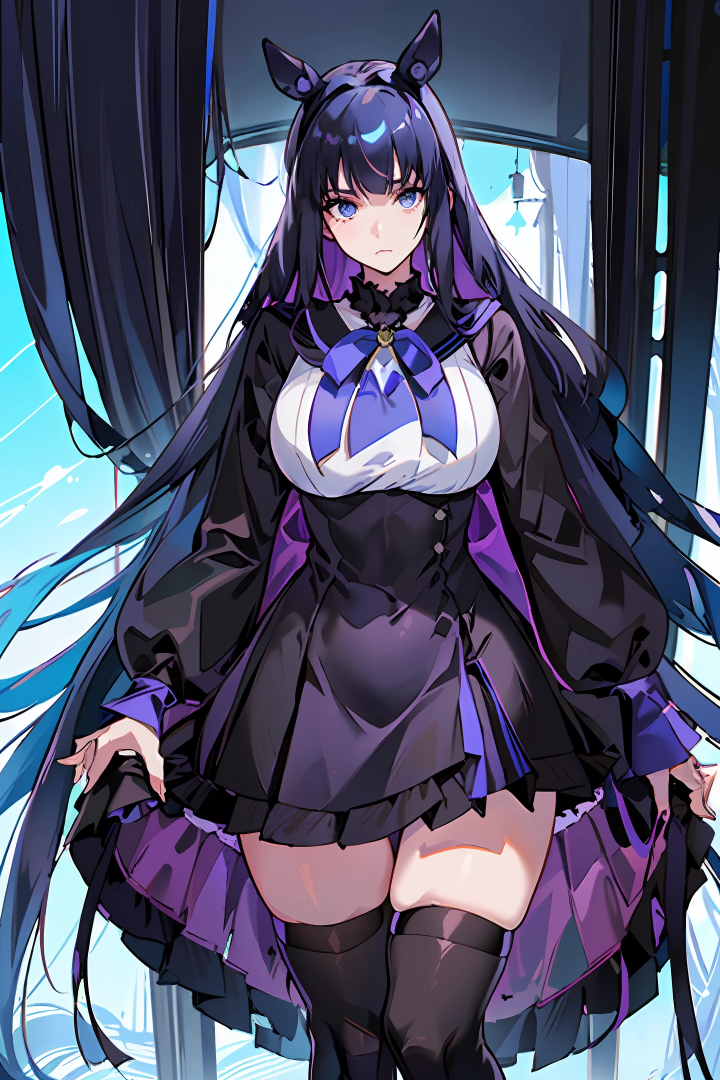Young Woman, (((bluish-black horse ears)), (((bluish-black horse tail)), bluish-black hair, very long hair, super long hair, looking at the camera, straight face, expressionless, very large breasts, huge, big, (((purple sailor suit)), miniskirt, 4K, 8K, (masterpiece), (best quality), (high definition), (anime)))), ((full shot))