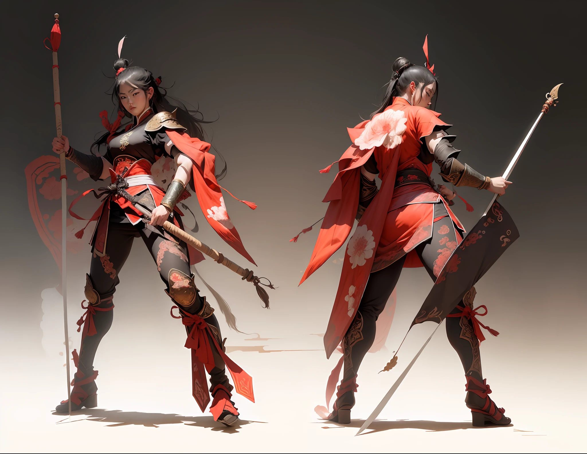 Female warriors into Chinese style, martial arts style, front and back views of the same character