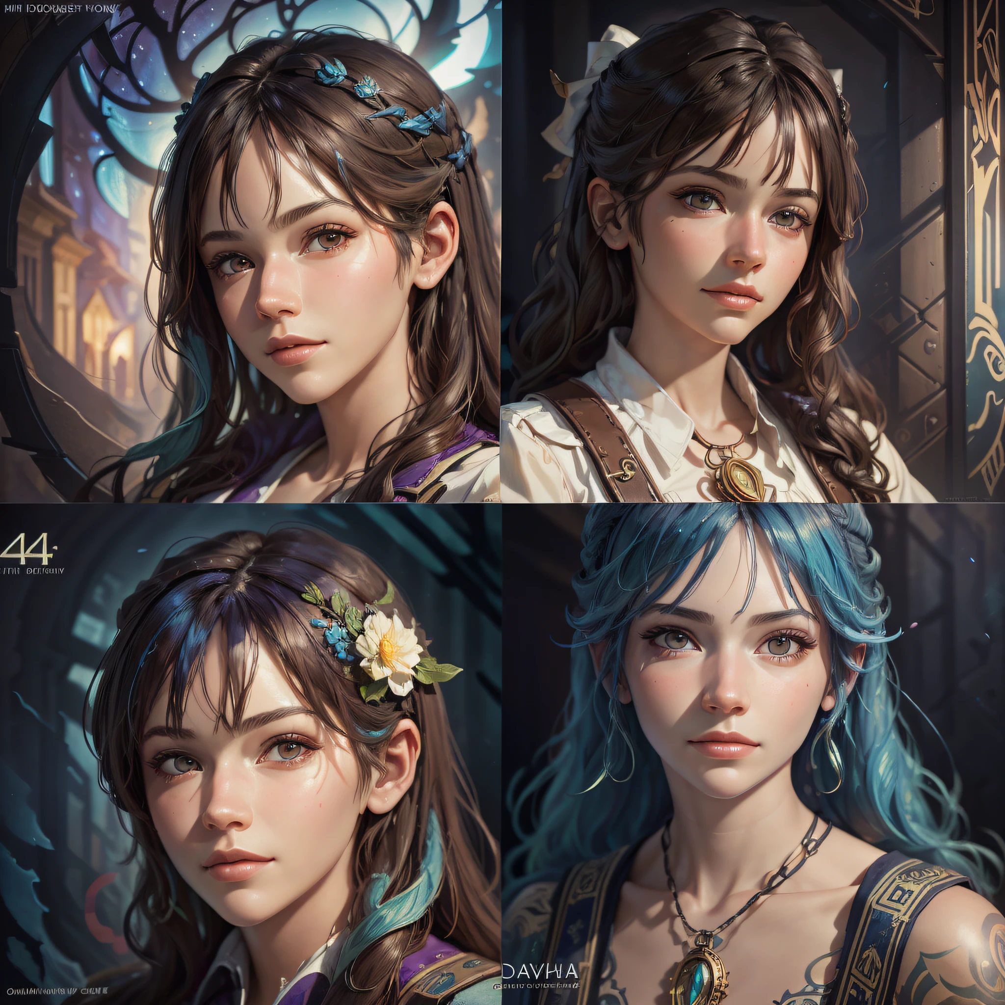 Surrealist female portraits by David Hockney and Alphonse Mucha, fantasy art, photorealism, dynamic lighting, artstation, poster, volumetric lighting, very detailed faces, 4k --auto --s2