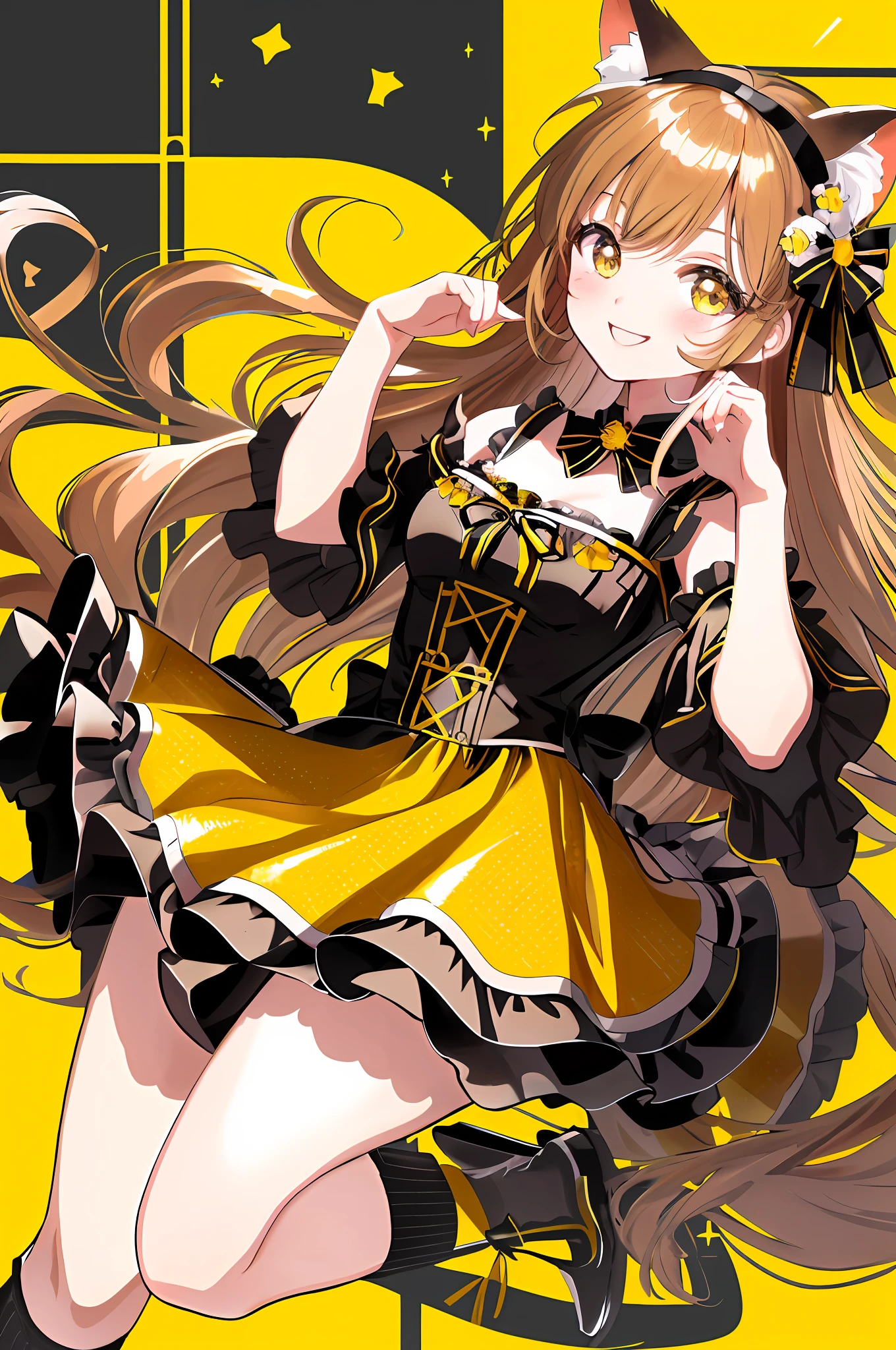 (Chibi Chibi: 1.3), Solo, full body, wearing yellow and black maid clothes, highly detailed face, (smile: 1.2), lively, (gravure pose: 1.4), beautiful detailed eyes, looking up, light brown long hair, cat ears, masterpiece, top quality, highly detailed 8k wallpaper