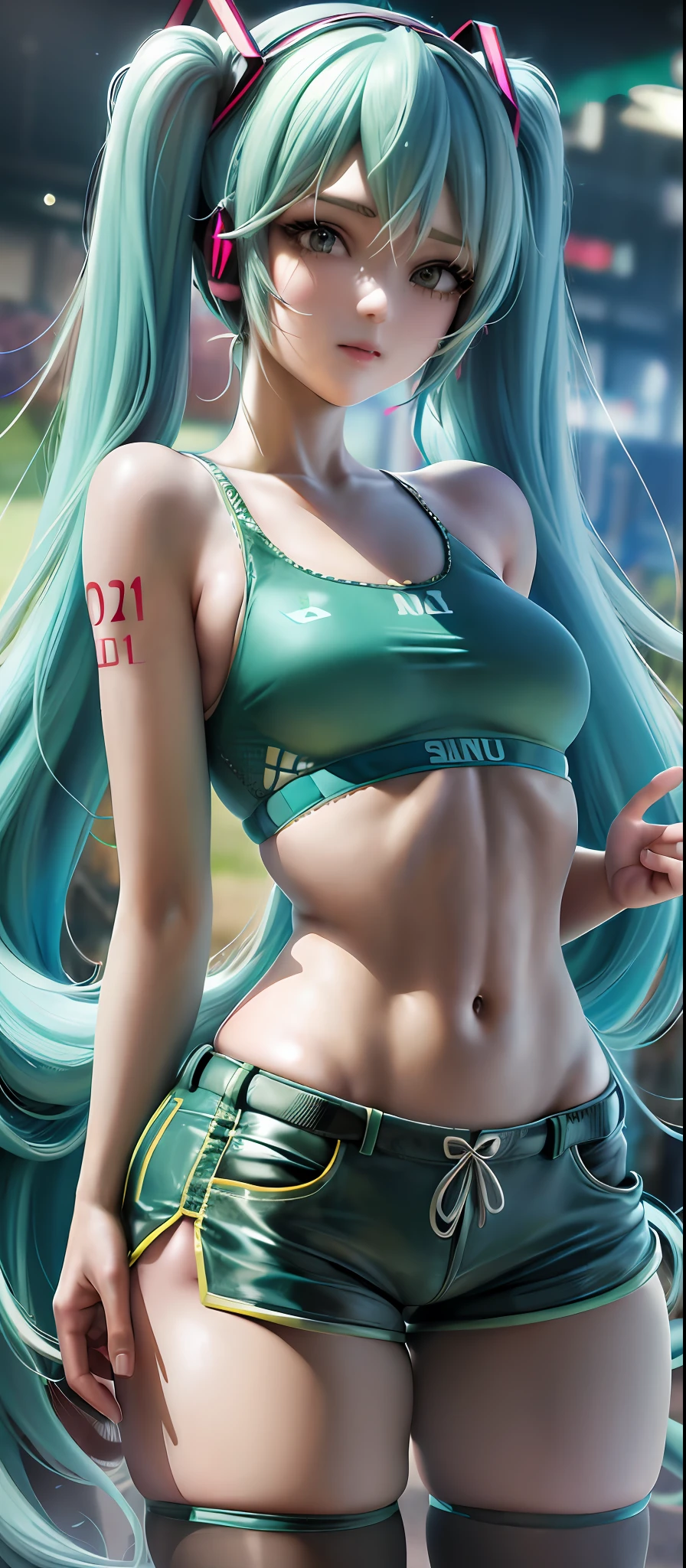 Hatsune Miku, extremely detailed face, sports bra, shorts, pantyhose, full-body, close-up