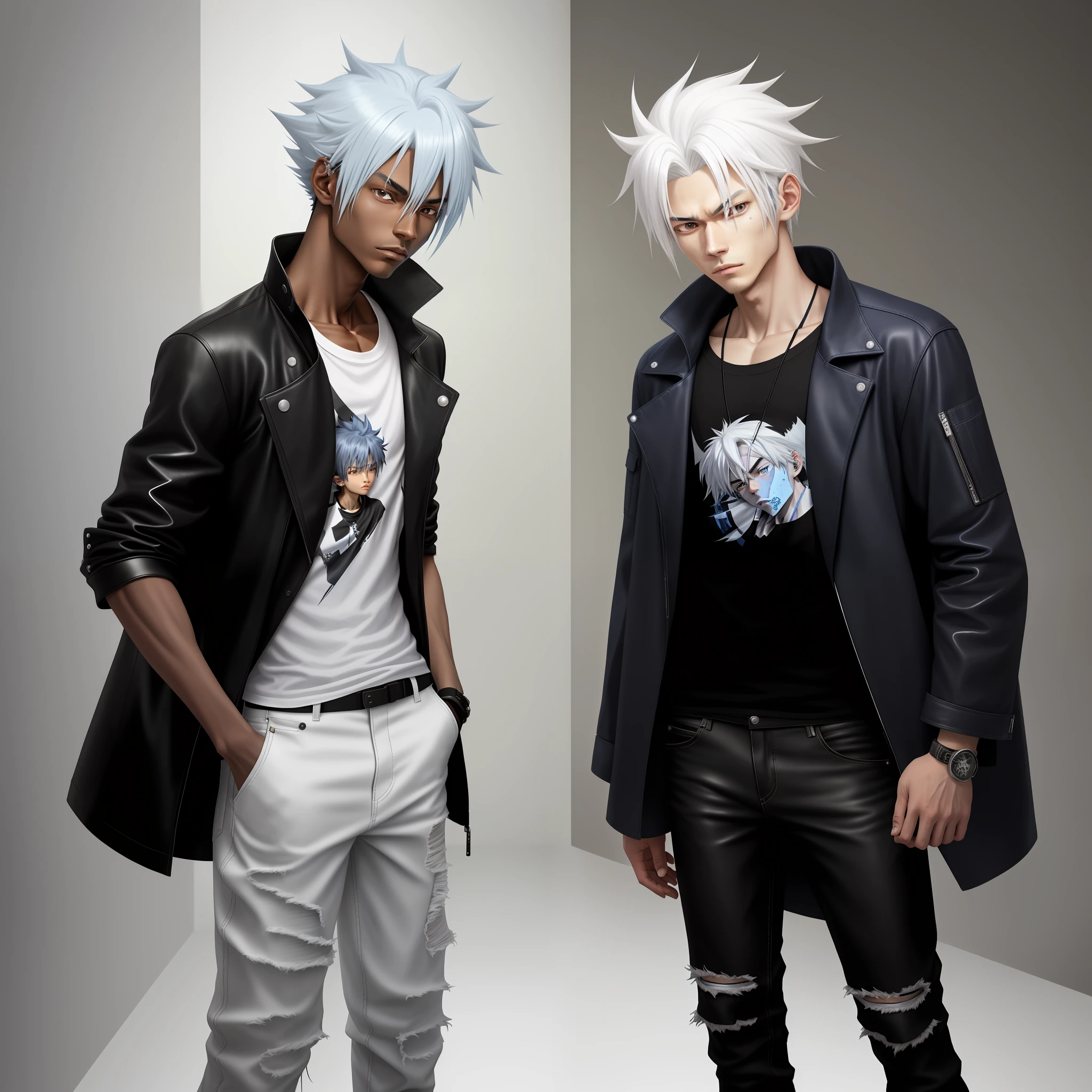 Kaito has platinum white hair, combed back in a stripped down and relaxed manner. He has brown skin, black eyes and has some small scars on his face. He wears a black leather coat with blue accents and a white T-shirt underneath. He wears jeans and black high-top boots. Take the design off the shirt.