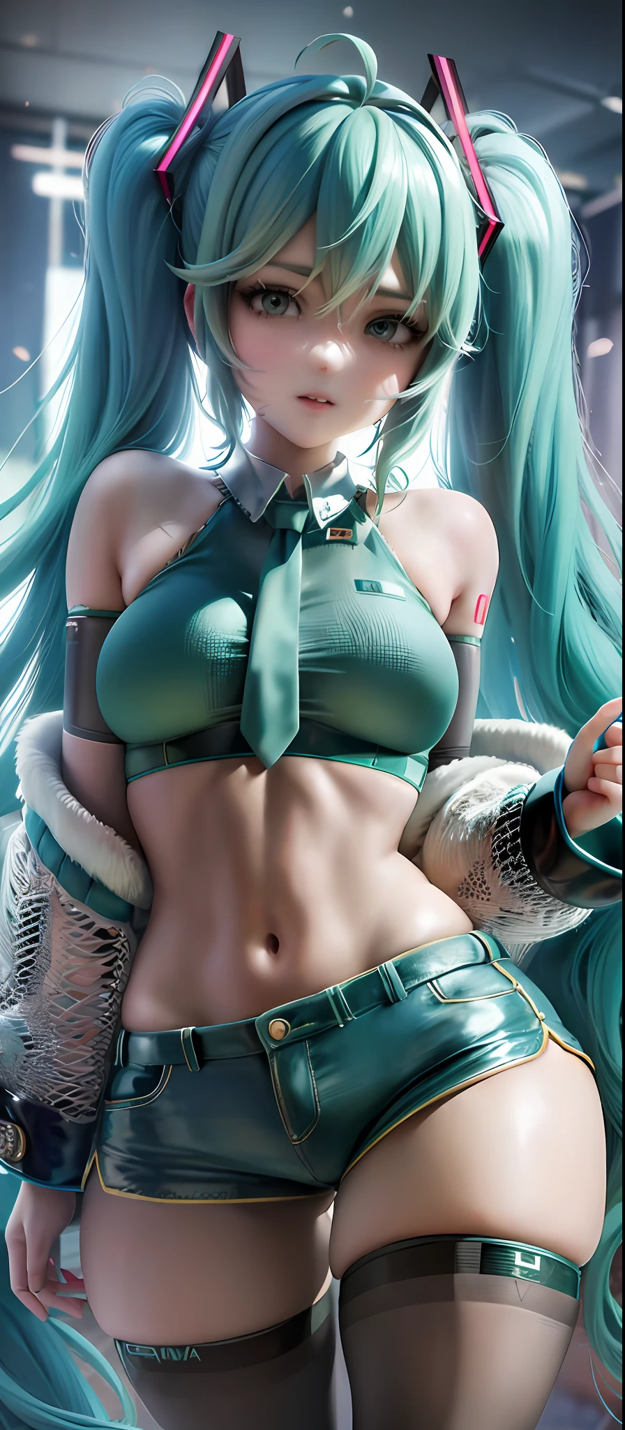 Hatsune Miku, extremely detailed face, sports bra, shorts, pantyhose, full-body, close-up