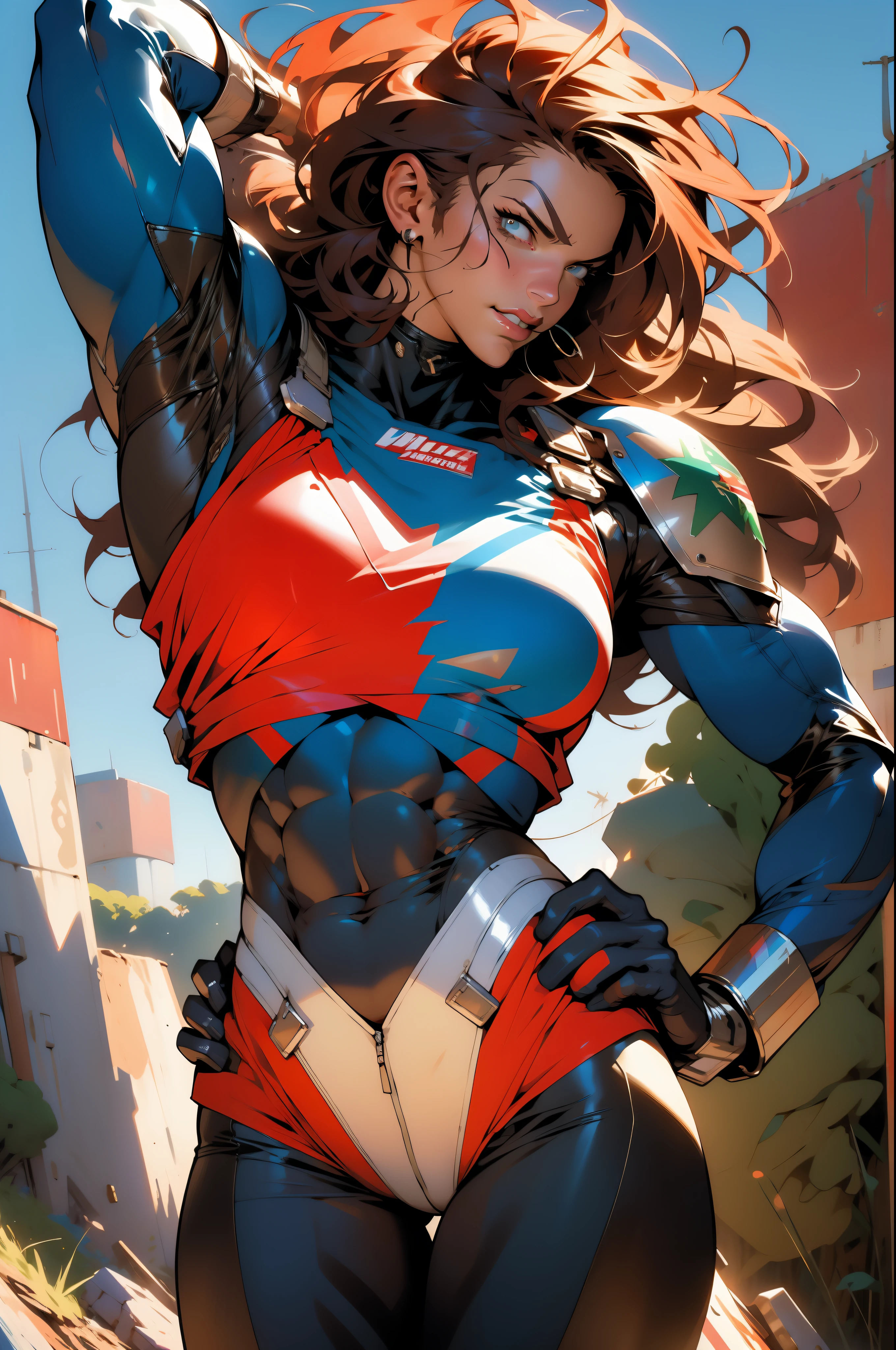 (((Simon Bisley)))), Mature woman 35 years muscular gorgeous, giant robot pilot, wild with perfect body, wearing little clothes, tiny thong, hoarse with the colors of the flag of Argentina, sensual pose, pose with attitude, add movements, large breasts, technological scenery