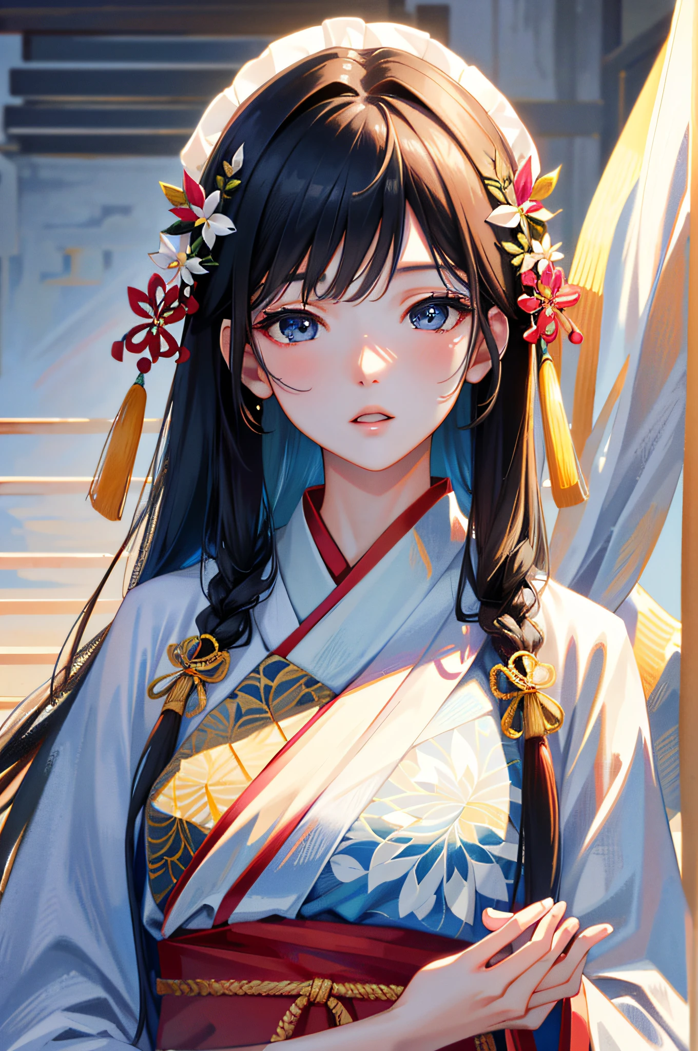 under body ,high resolution,(8k, best quality, masterpiece:1.2), (realistic, photo-realistic:1.2),the whole body,detailed face,(delicate texture, pattern, hanfu),
