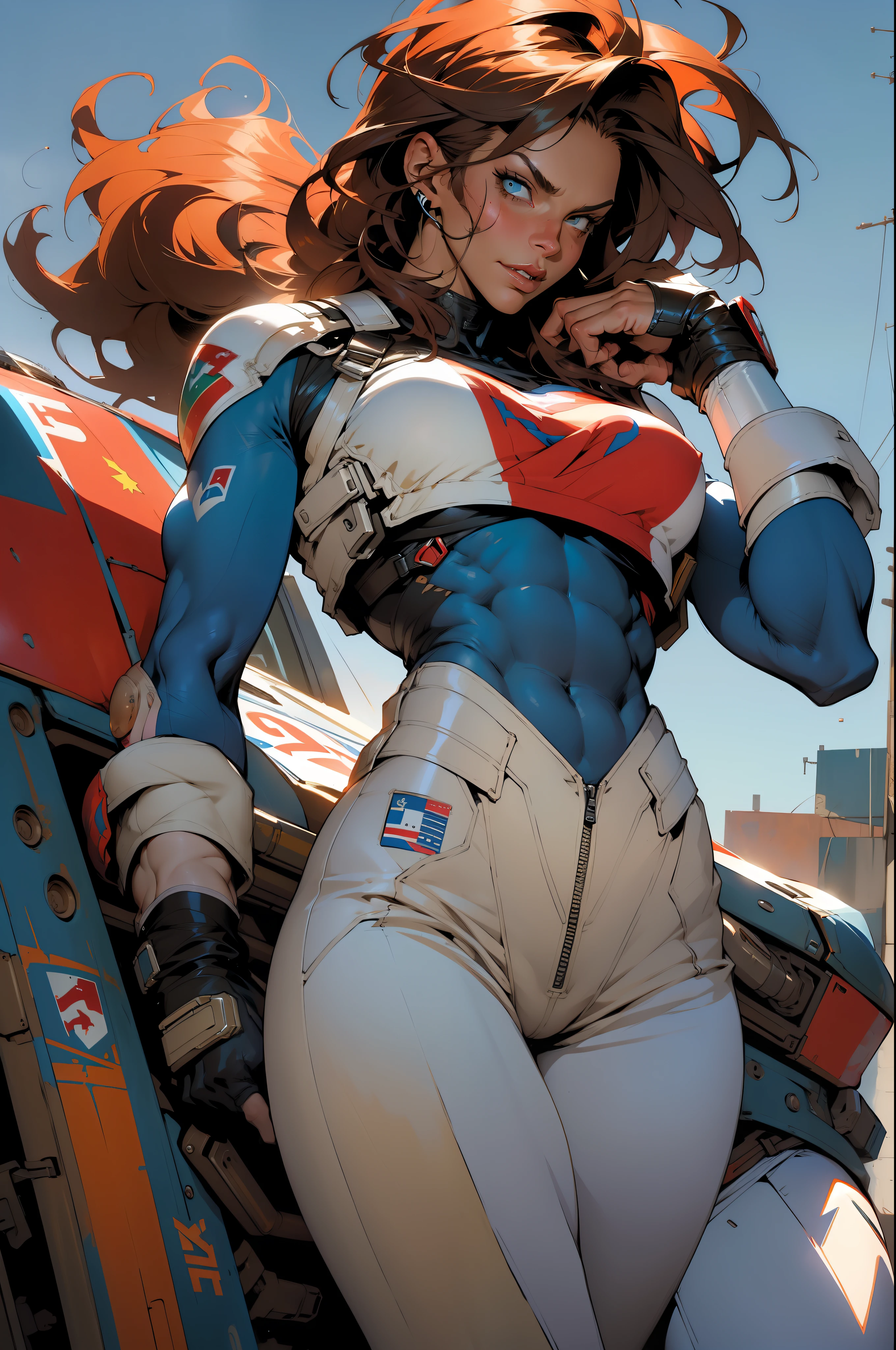 (((Simon Bisley)))), Mature woman 35 years muscular gorgeous, giant robot pilot, wild with perfect body, wearing little clothes, tiny thong, hoarse with the colors of the flag of Argentina, sensual pose, pose with attitude, add movements, large breasts, technological scenery