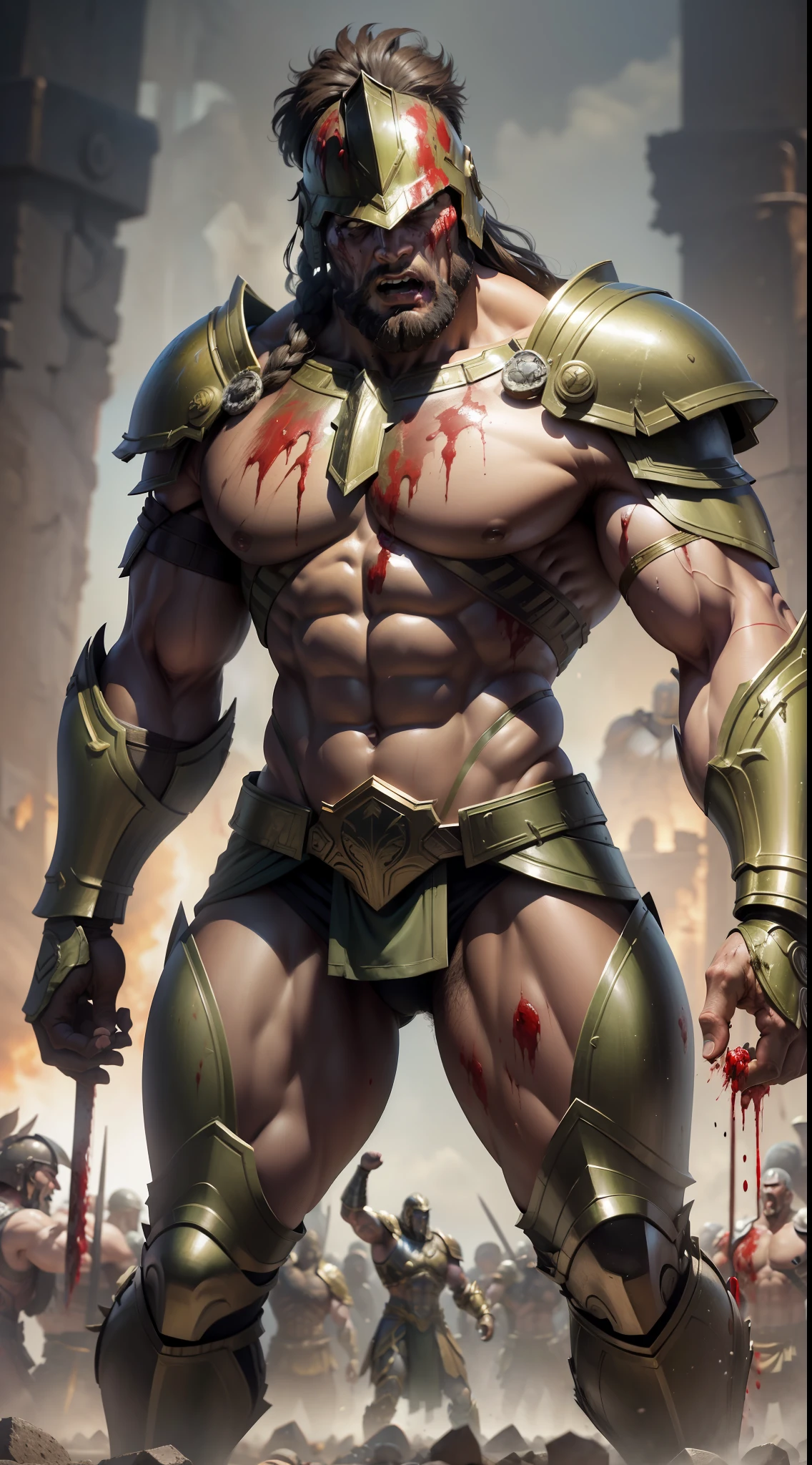 (masterpiece), best quality, an ultra-detailed (wearing Spartan armor) and high-resolution full-body portrait of a giant, muscular Spartan warrior, characterized by his immense strength, kneeling, screaming and bloodied, (((( in the background several bodies resulting from a bloody battle))).