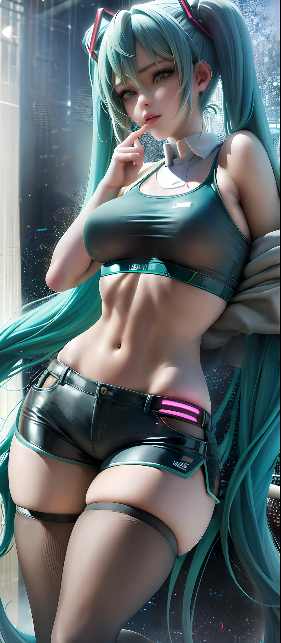 Hatsune Miku, extremely detailed face, sports bra, shorts, pantyhose, full-body, close-up