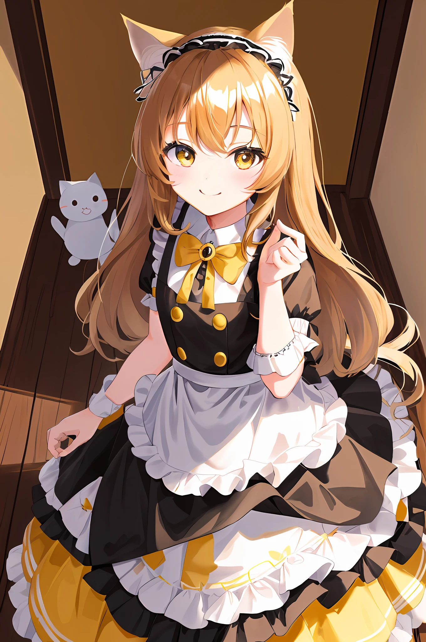 (Chibi Chibi: 1.3), Solo, full body, wearing yellow and black maid clothes, highly detailed face, (smile: 1.2), lively, (gravure pose: 1.4), beautiful detailed eyes, looking up, light brown long hair, cat ears, masterpiece, top quality, highly detailed 8k wallpaper