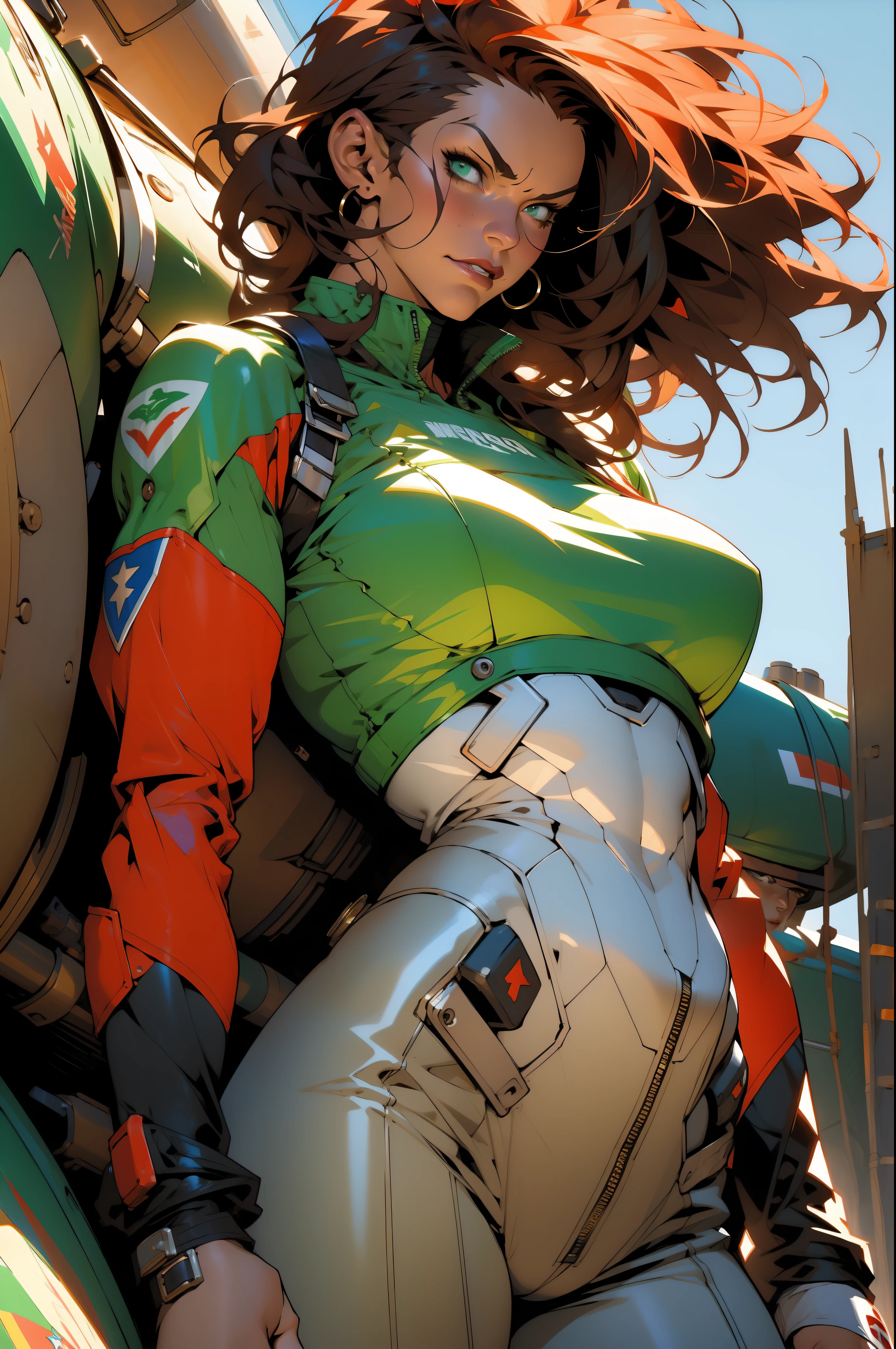 (((Simon Bisley))),  woman 35 years muscular gorgeous, giant robot pilot, wild with perfect body, wearing little clothes, tiny thong, hoarse with the colors of the flag of Ireland, sensual pose, pose with attitude, add movements, large breastnological scenery