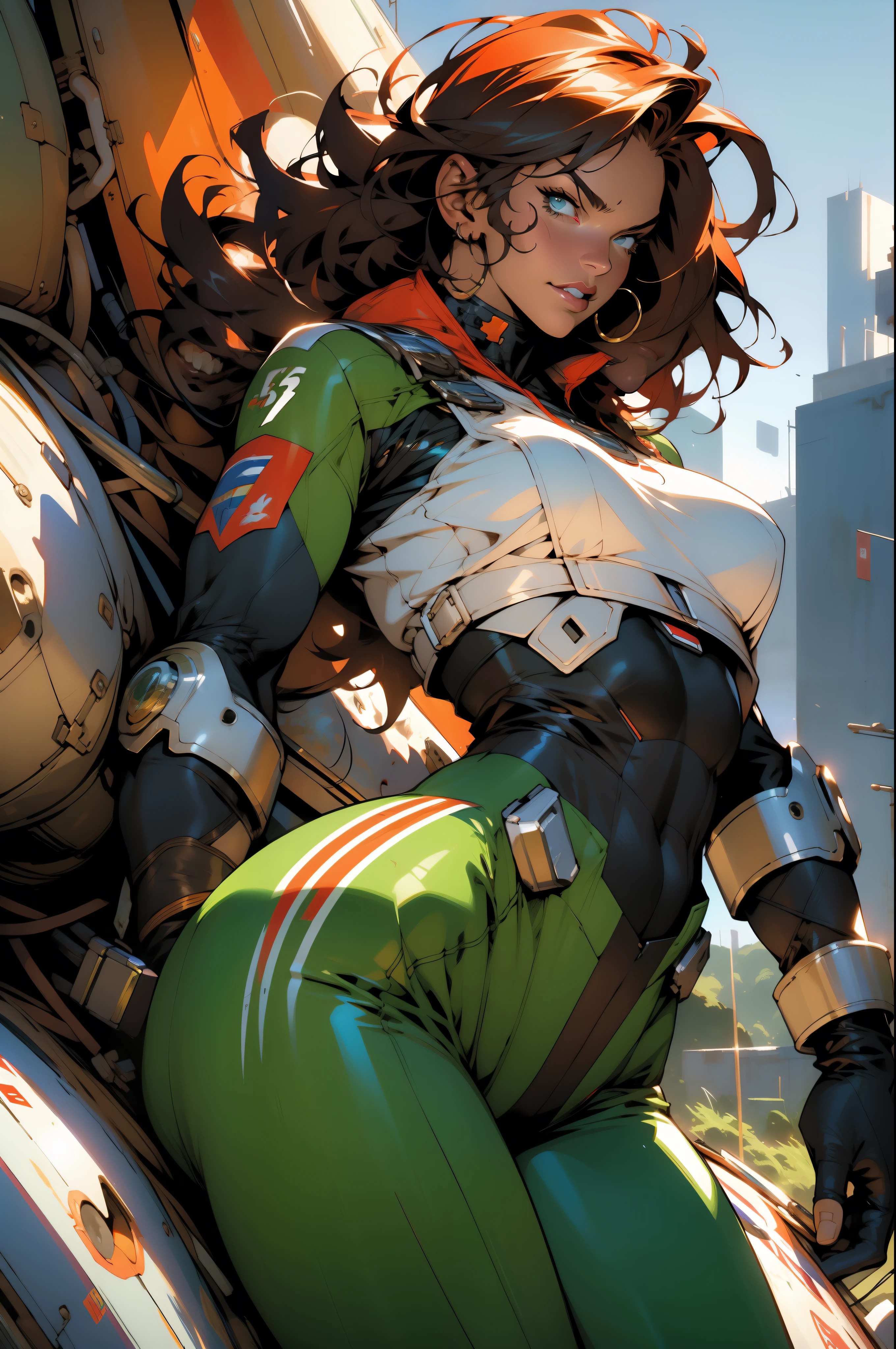 (((Simon Bisley))), Mature woman 35 years muscular gorgeous, giant robot pilot, wild with perfect body, wearing little clothes, tiny thong, hoarse with the colors of the flag of Ireland, sensual pose, pose with attitude, add movements, large breasts, technological scenery