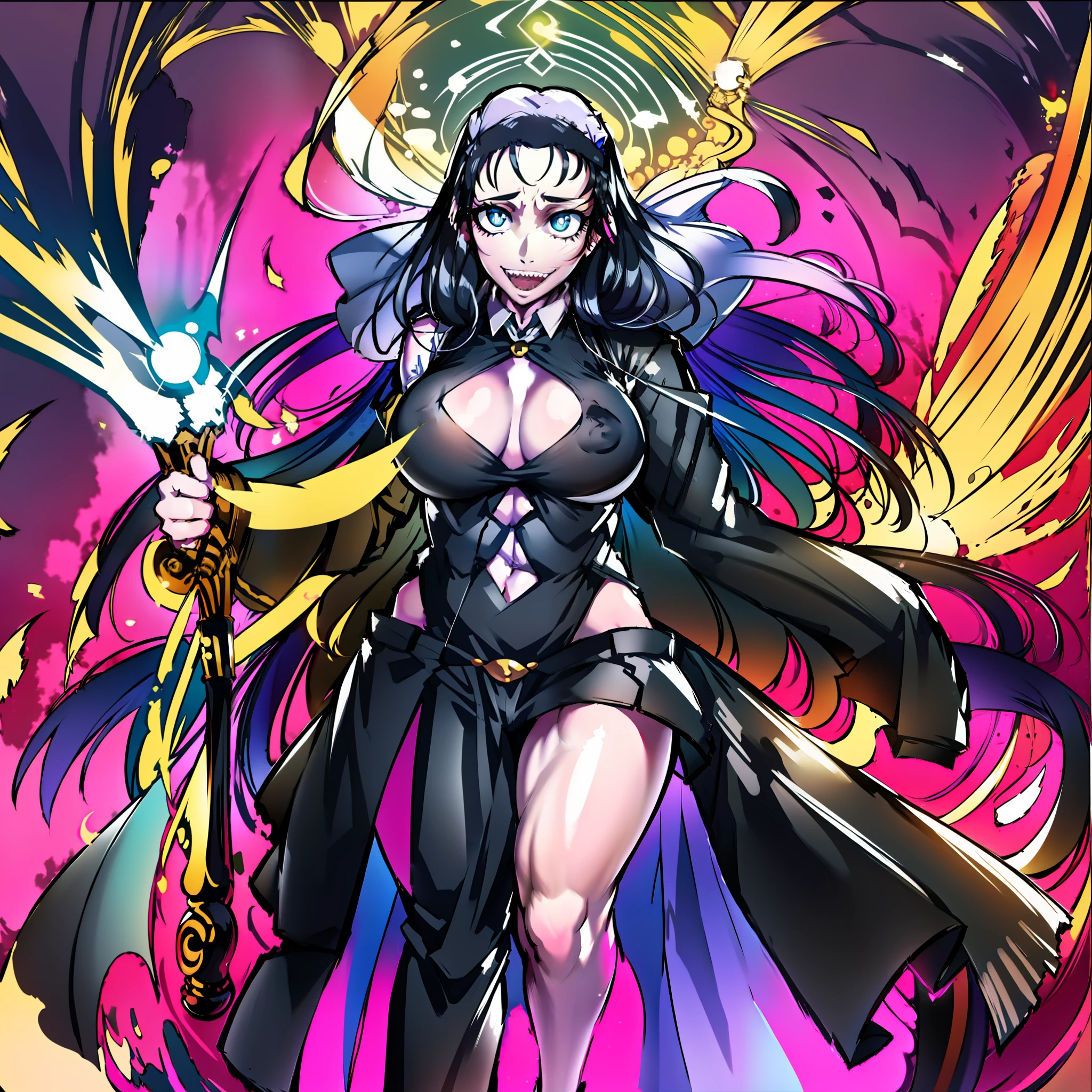 annangle,huge chest, curved, female,fantasyhere is a cartoon picture of a woman with a very large chest, , vest, pants, black hair, sacred aura, inspired by Luma Red, the non-binary deity of spring, ethereal rainbow nimbus, the butterfly goddess of fire, inspired by Marie Angel, will have shining around her, like the sun goddess, "uwu the prismatic person, big breast, happy, beautiful eyes, , full body, walking, long dress, long dre, nun, priestess, saint, body of venus, bent, huge chest, forest, walking, smile, sharp teeth, black coats, coat, jacket, maid, butler