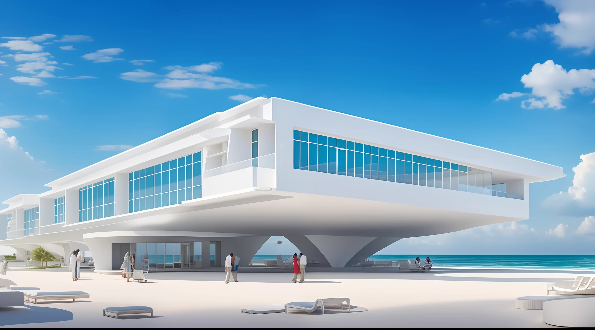 A three-story medical center with a large site built by the beach, a white and futuristic building, a beautiful sandy beach, sea and sky, and a helipad on the roof of the building.