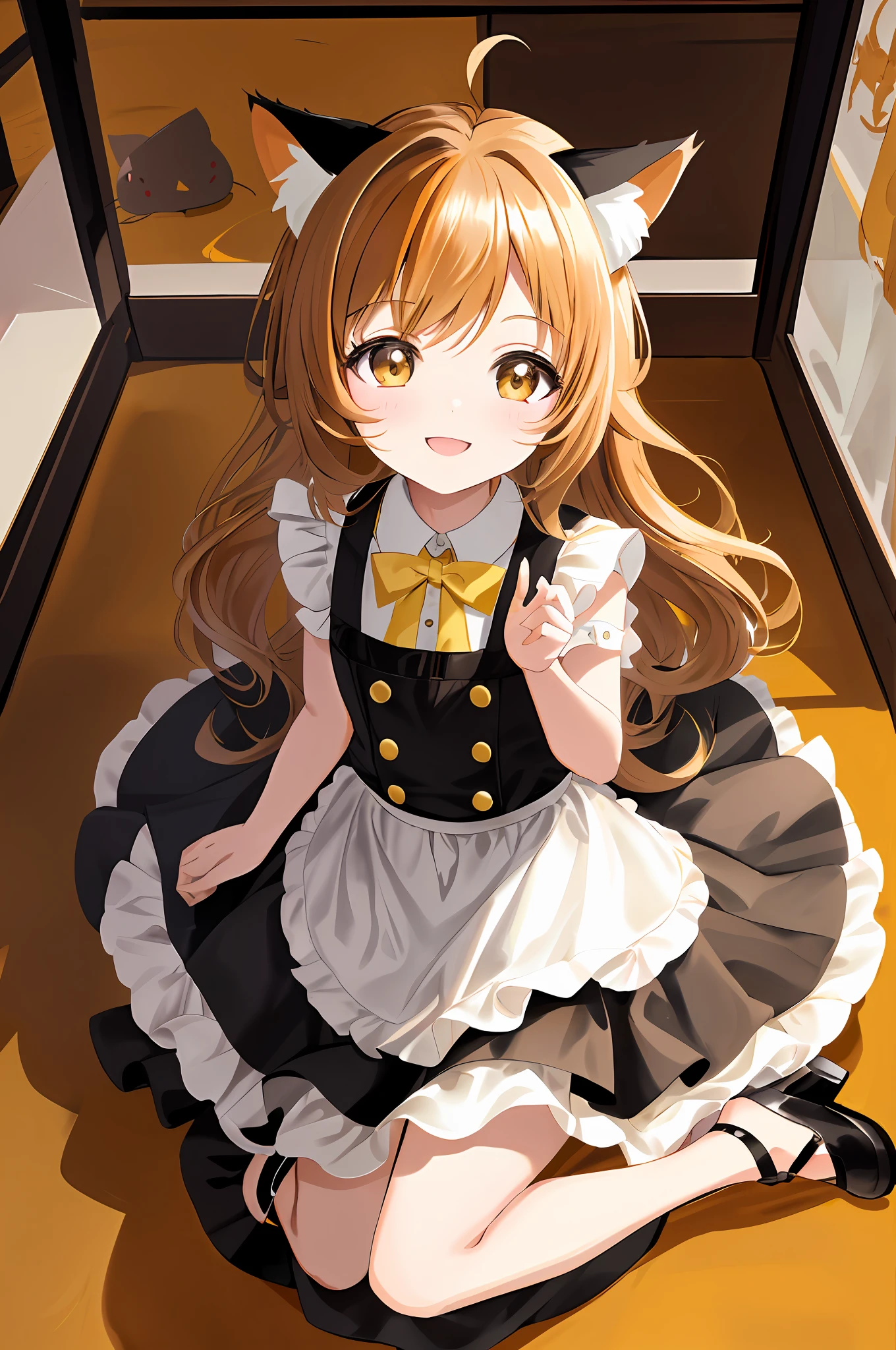 (Chibi Chibi: 1.3), Solo, full body, wearing yellow and black maid clothes, highly detailed face, (smile: 1.2), lively, (gravure pose: 1.4), beautiful detailed eyes, looking up, light brown long hair, cat ears, masterpiece, top quality, highly detailed 8k wallpaper