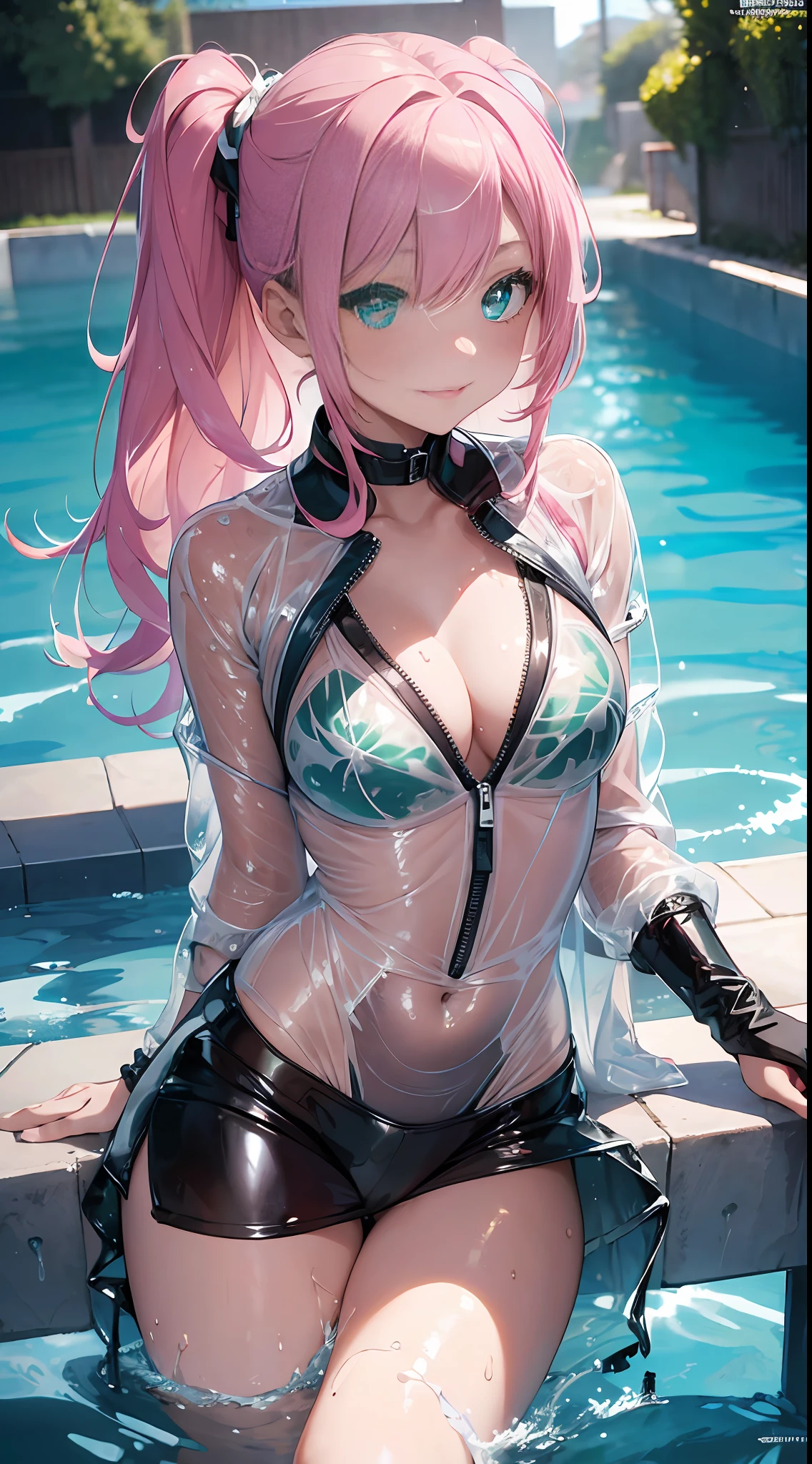 ((Masterpiece)), (Super detail, top quality, high resolution, 8k wallpaper)) (One girl) (pink hair, long hair, straight hair, both sides up)) (green eyes), eyeshadow, eyeliner, glow eyes, hyper detail eyes, complex eyes, beautiful eyes, (glowing pink pupils)) 18 year old girl. Seductive smile. Girl in white swimsuit having a drink in the pool at night (transparent jacket made of PVC material) splashing, wet, dripping water
