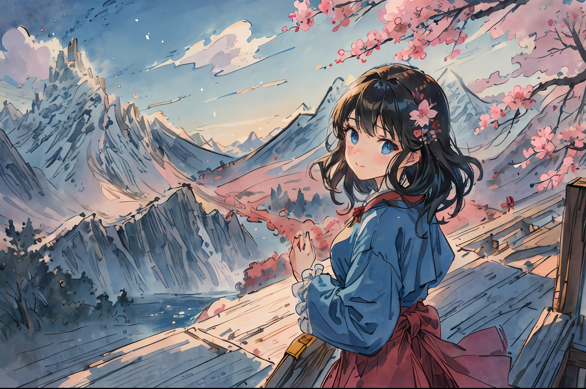 (1girl:1.2), slight blush, hands down, wavy hair, long hair, fluffy hair, black hair, ice blue eyes, sakura tree, hair flower, capelet, lace trim, bodice, wind, winter, mountain range, mountain sitting near mountain, detailed water, sparkling eyes, light smile, peaceful, extremely detailed, depth of field, cinematic lighting, Ghibli-like colours, high detail, scenery, high place, horizon, wind, wind blow, looking at viewer, ta clothes, 8k, standing on wooden bridge, bokeh, from side, award winning, (masterpiece:1.2), best quality, anatomically correct, perfect hands