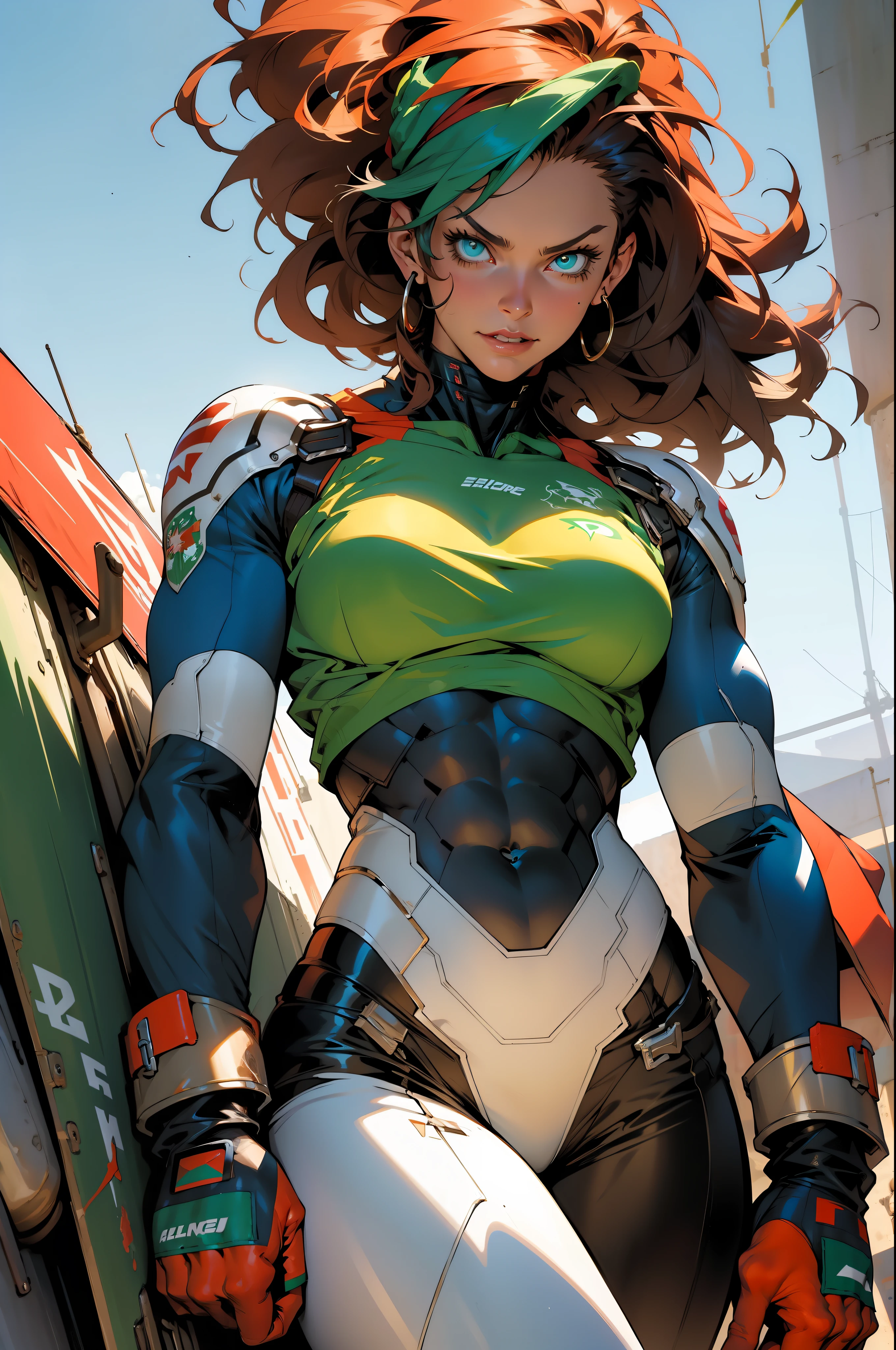 (((Simon Bisley))), Mature woman 35 years muscular gorgeous, giant robot pilot, wild with perfect body, wearing little clothes, tiny thong, hoarse with the colors of the flag of Ireland, sensual pose, pose with attitude, add movements, large breasts, technological scenery