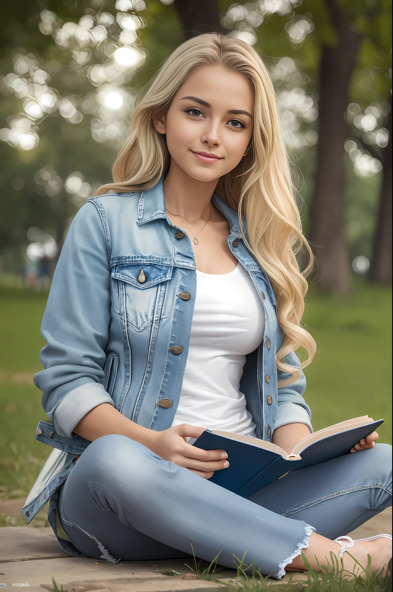 absurdres, RAW photo, highest quality, (masterpiece: 1.3), high detail RAW color photo, professional photo, extremely detailed CG 8k wallpaper unit, photo-realistic, realistic, RAW photo, masterpiece, best quality, highres,
1girl, 19 YEARS OLD, white, blonde hair, wavy, Average length, random hairstyle, beautiful body, thin legs, perfect gorgeous face, beautiful light brown realistic eyes, fair skin, detailed skin texture, very small natural breasts. Smiling. She looks amazing. Sitting cross-legged, reading a book. (Denim jacket, simple design). Ibirapuera Park, São Paulo.