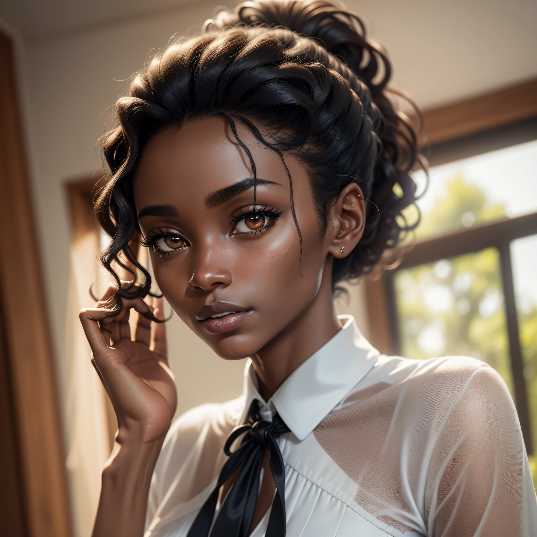 A ugly black woman from the 1700s, 18 century, 30 years old, brunette, adult, very thin, thin, dark black hair up, thin, browned eyes, high, wearing office clothes, wearing formal clothes such as a white social and black dress, polite, delicated, Looking at the landscape through the window missing someone, longing look, missing someone, (Best Quality), (Highly Detailed), (Motion Blur), (Chromatic Aberration), (Glowing Light), (God Rays), (Ray Tracing), (Reflection Light), (backlighting), (bloom), (close-up), (Sony FE), (dynamic angle: 1.2 ), (background detailed), ((Full Body Shot: 1)), (eyes detailed), (Sony FE GM), (UHD), (16k, high quality), (super detail), (high details), (HD), (Dramatic), (Mature), (Very thin) (Secretary), (afro appareance), (african body), (black people), (Mozambican: 2.0), (brunette), ((Thin)), ((well behaved)), (longing look), (missing someone), (prominent cheekbone), (hair up), ((flat))