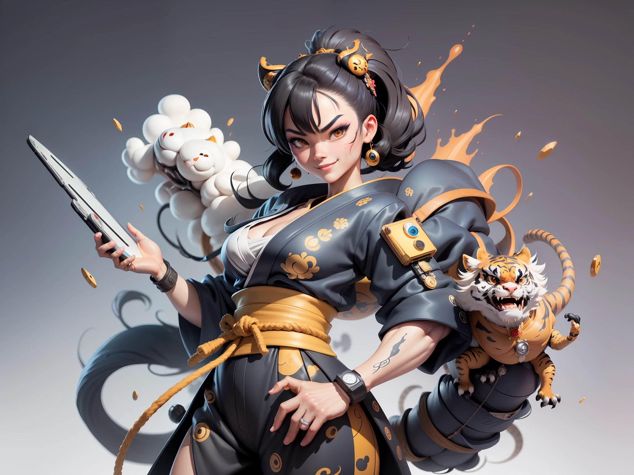 (Masterpiece), (Extreme Quality), (Super Meticulous), (Full Body: 1.2), Super Young Woman, Japanese Female Geisha, Beauty, Chinese Dragon, Tiger, Fengshen Thor, Sexy, Bursting, Oriental Face, TV Anchor, Bust Portrait Illustration, Alone, Black Suit, Blue Tie, Slightly Chubby, Very Clean Face, No Beard, Black Super Short Hair, Black Eyes, Confident Smile, 3c Computer Sub-Products, iPad, iPhone, Digital Painting, 3D character design by Mark Clairedon and Pixar and Hayao Miyazaki and Akira Toriyama, the illustrations are HD illustrations in 4K resolution with highly detailed facial features and cartoon-style visuals.