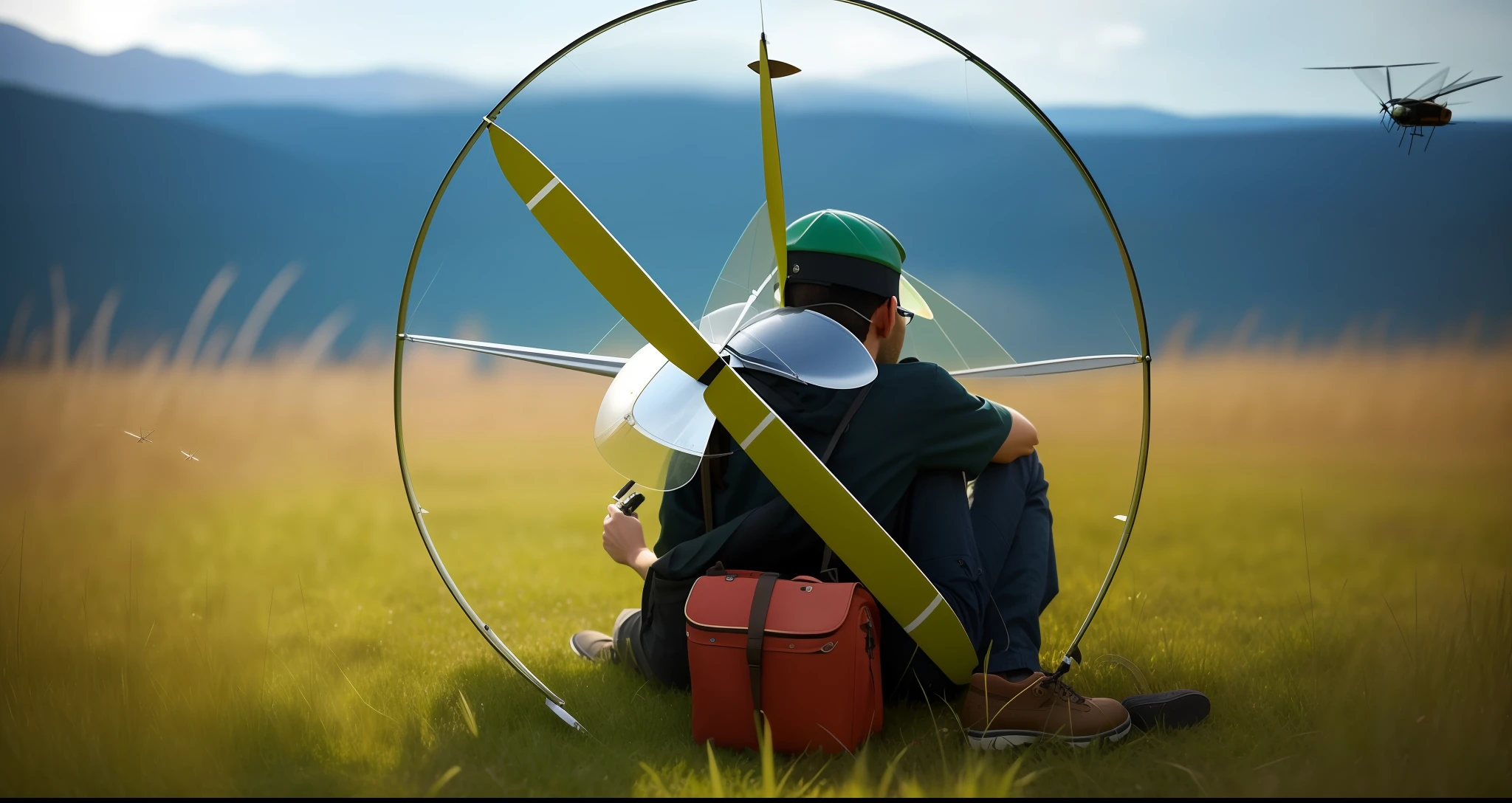 there is a man sitting in the grass with a propeller, ornithopter, the other is used for flight, bottom angle, beginner, version 3, reddit post, by Alexander Fedosav, a wide full shot, large mosquito wings, round about to start, high quality bug pov shot, scenic full shot, epic scale ultrawide angle, micro pov