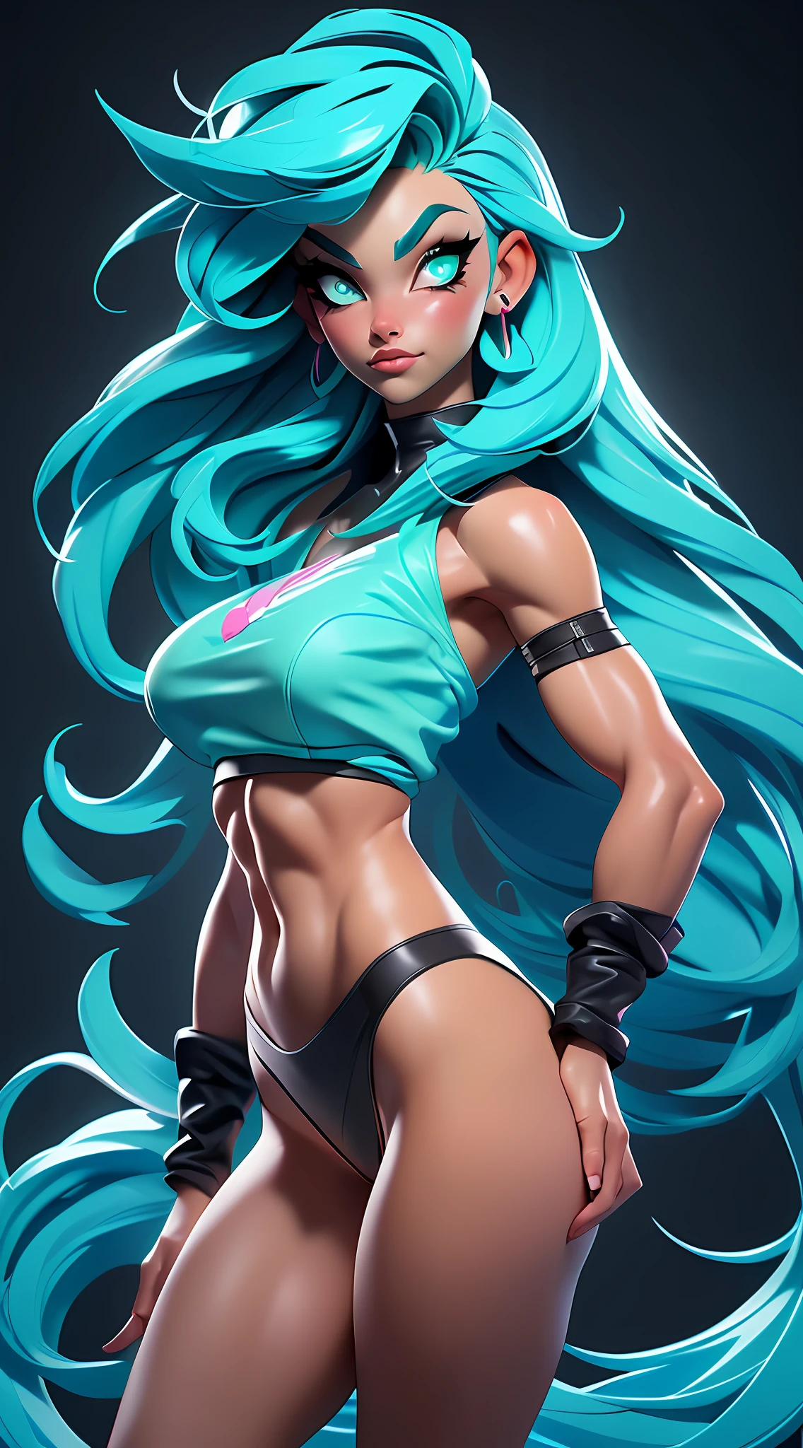 ((Best Quality)), ((Masterpiece)), ((Realistic)) and ultra-detailed photography of a 1nerdy girl with goth and neon colors. She has ((turquoise hair)), wears a small skimpy black thong, bare shoulders. naked body., ((beautiful and aesthetic)), muscular fit body abs, sexy, under-boobs, hot