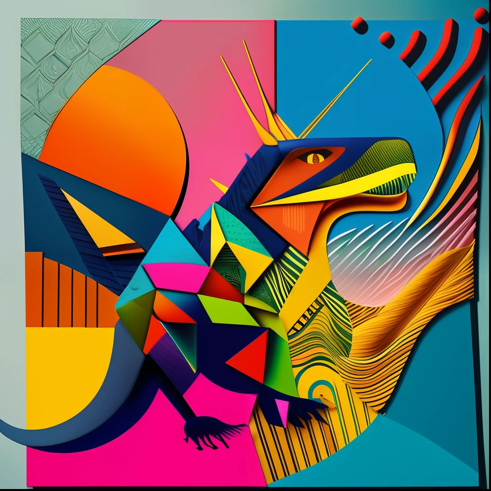 A round artistic collage featuring a stylized T-Rex wearing sunglasses and a hat, inserted into an abstract background with geometric elements and vivid textures. The image conveys an atmosphere of dynamism and energy, combining different shapes and colors in a visually striking composition. This artistic collage offers a creative and unique approach to portraying the T-Rex, adding a touch of contemporaneity to its representation. [Tags: artistic collage , abstract , dynamism , textures , contemporary ]