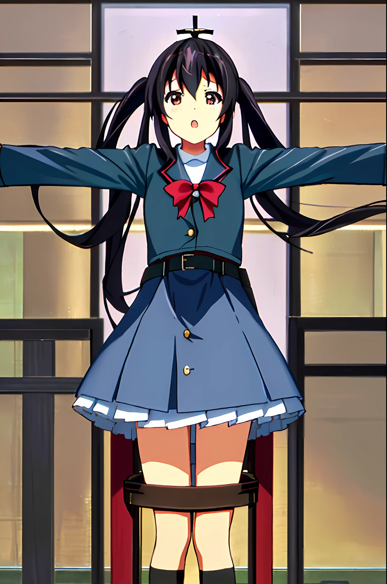 1girl, ((((Masterpiece))), Best Quality, Best Quality, High Detail, Azusa Nakano, 1girl, Sakuragaoka High School Uniform, Musical Instrument, School Uniform, Twin Tails, Long Hair, Black Hair, Brown Eyes, Solo, Red, Dark blue blazer with a thin ribbon of red, Solid white button shirt under blazer, Illustration, Cartoon, Soothing tones, Muted colors, Soft cinematic light, Adobe Lightroom, Photo Lab, HDR, complex and highly detailed, (((depth of field))))). (((Masterpiece))). (((highest quality))).) ((super detail))). (((Illustration))). (((crucifixion))).dynamic focus.small breasts.. (((Face of sadness))). Open mouth.