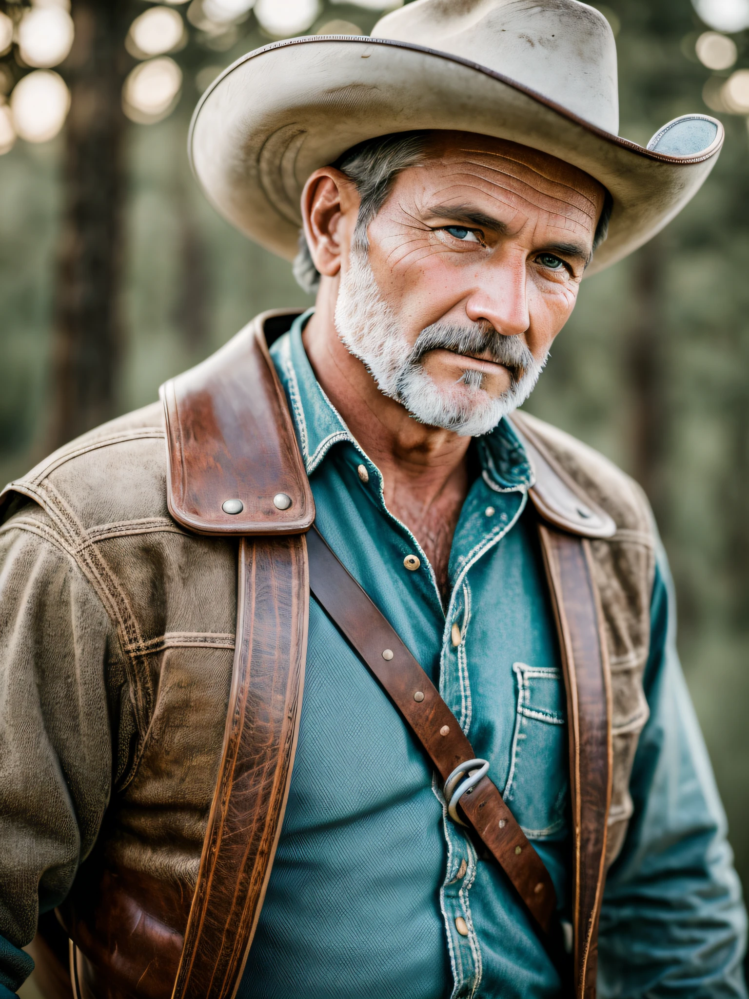 RAW photo, a (potrait:1.2) of a 40-year-old cowboy, (highly detailed skin:1.2), 8k uhd, dslr, soft lighting, high quality, film grain, Fujifilm XT3