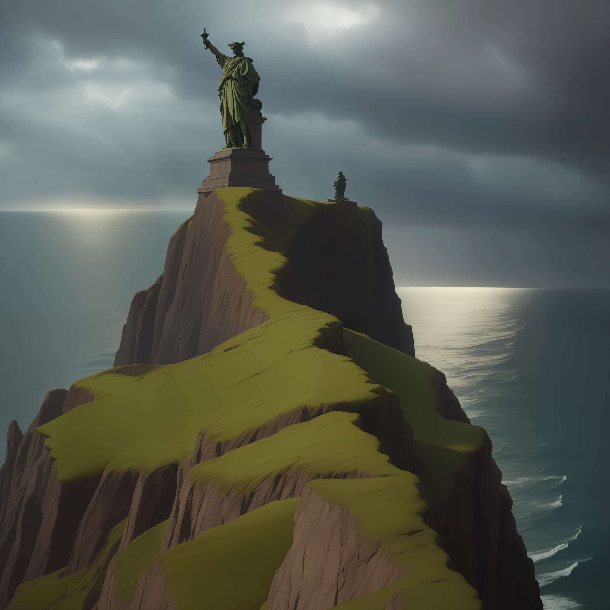 (masterpiece) optimal quality, (lighting

perfect, perfect shadows) bronze,

((greenish oxide plates)), (head of

statue), close-up, detailed and realistic,

(urban lighting effect), on top of a

cliff overlooking a rough sea, large

dark clouds in a stormy sky