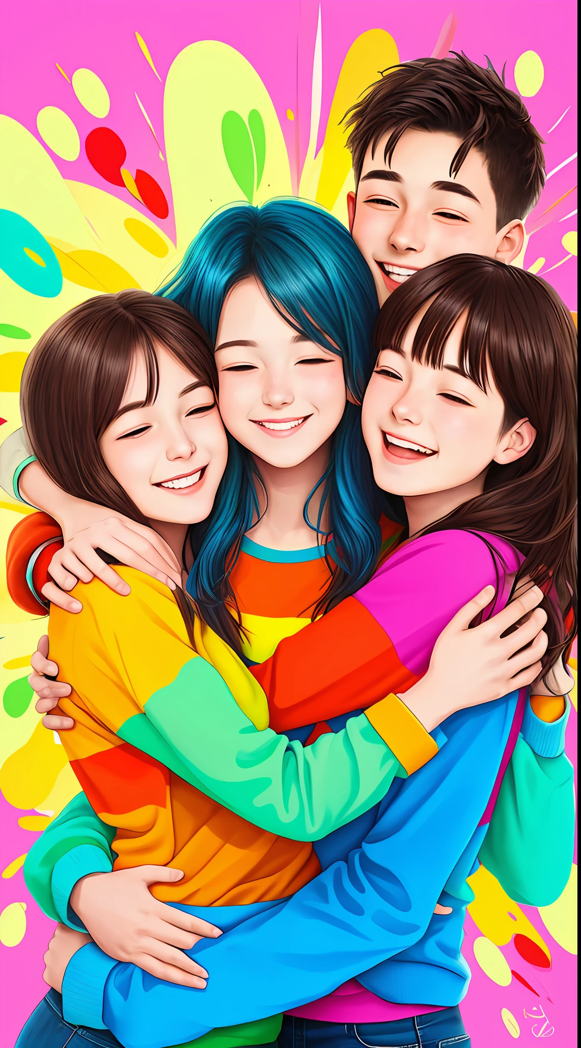 A colorful and energetic realistic illustration capturing friends in a realistic style, radiating happiness as they wrap each other in a warm hug, with lively poses and vivid expressions