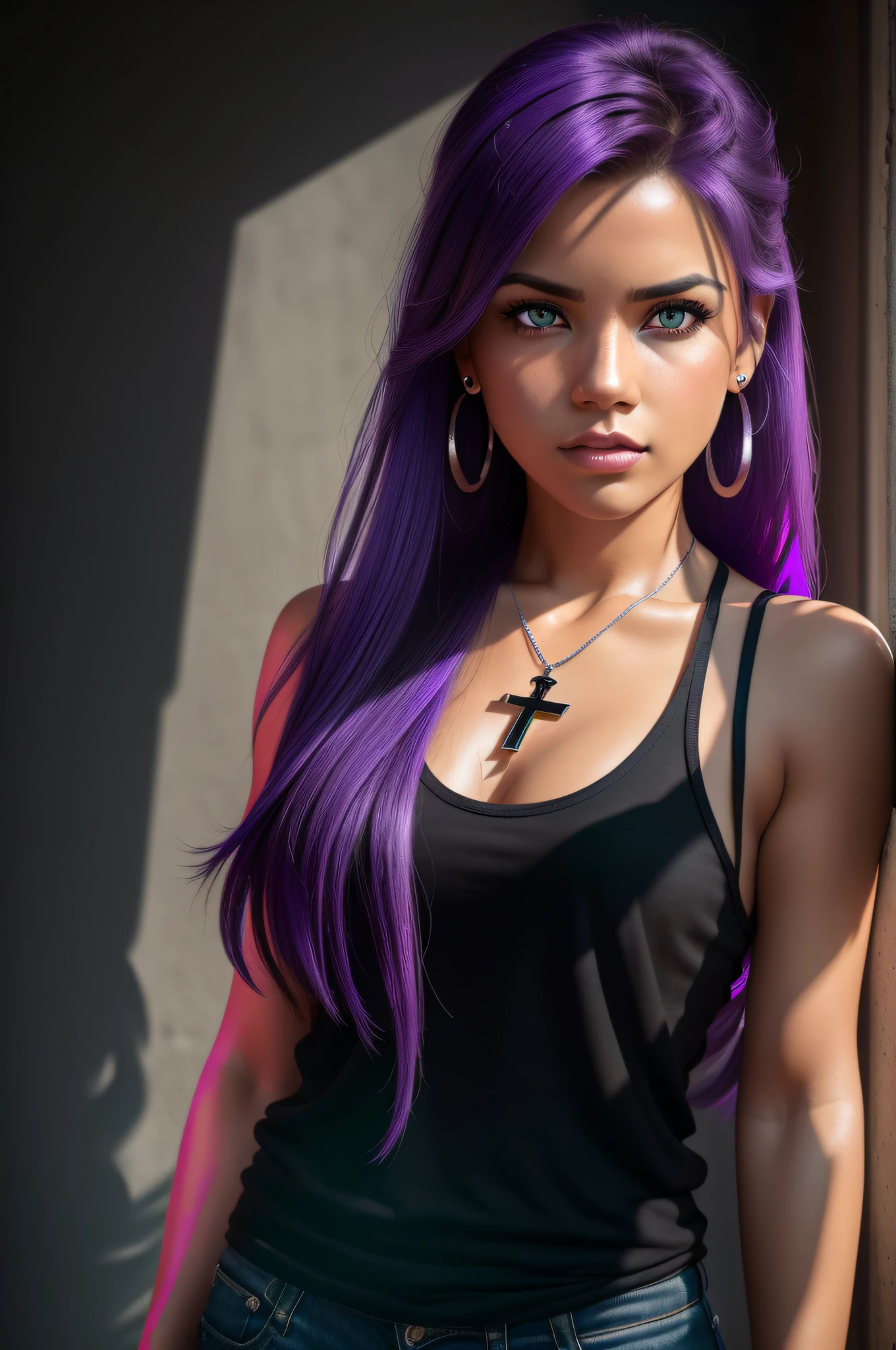 by lee jeffries Nikon D850 film stock photography 4 kodak portra 400 camera f1.6 rich lenses colors hyper realistic texture dramatic lighting unrealengine trend in artstation cinestill 800, Face extremely detailed, realistic, best qualified, photorealistic, Quality 8k, High ress, (1girl, in her 20s, young, standing, looking at the camera, (hair (purple,  smooth, long)), rebellious posture, white shirt(tank top, black), pendant(silver), cross-shaped earring, eyes(shadow), thin, ), first-person view