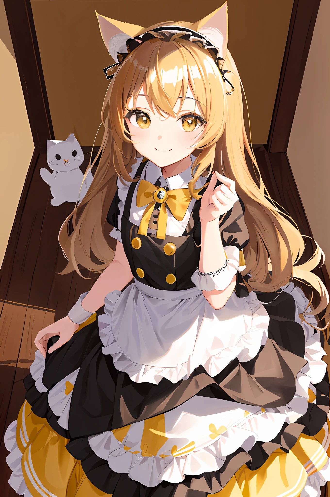 (Chibi Chibi: 1.3), Solo, full body, wearing yellow and black maid clothes, highly detailed face, (smile: 1.2), lively, (gravure pose: 1.4), beautiful detailed eyes, looking up, light brown long hair, cat ears, masterpiece, top quality, highly detailed 8k wallpaper