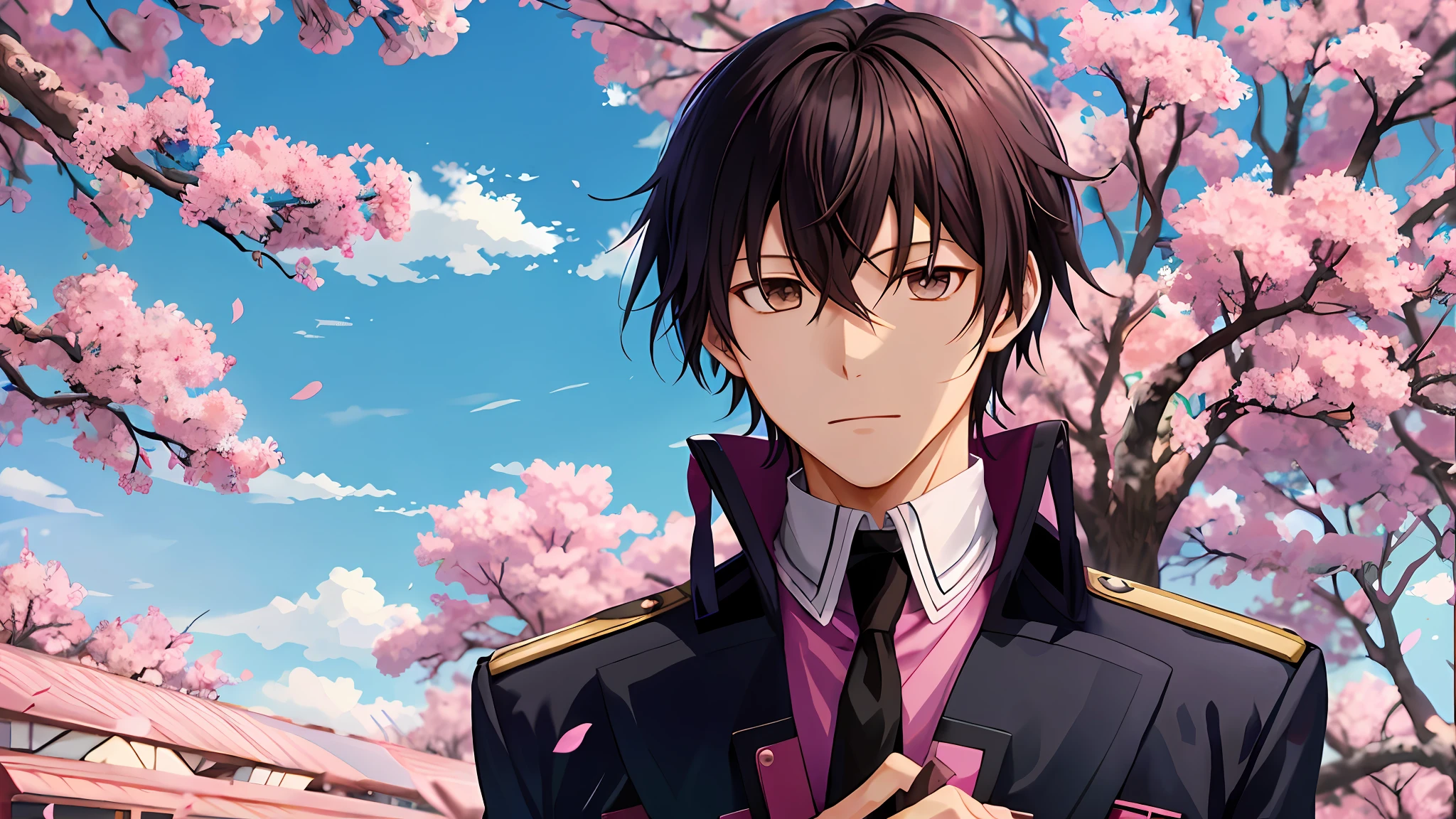 anime character in uniform standing in front of a tree with pink flowers, inspired by Okumura Masanobu, hijikata toushirou, fukaya yuichiro, okata kazuto, inspired by Okumura Togyu, shuushuu anime image, koyoharu gotouge, anime handsome man