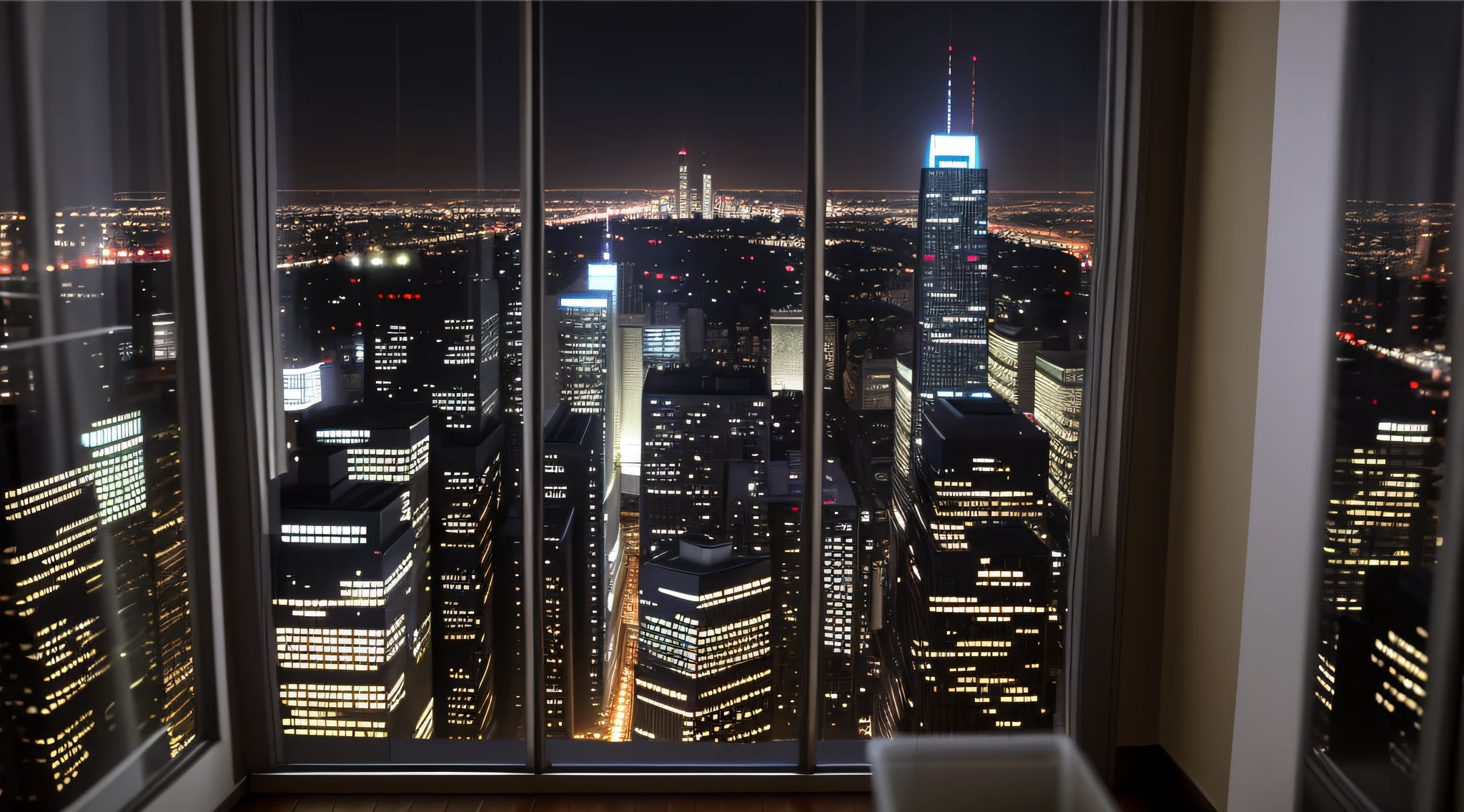 Room with a view of the city buildings at night large glass windows, blurred background