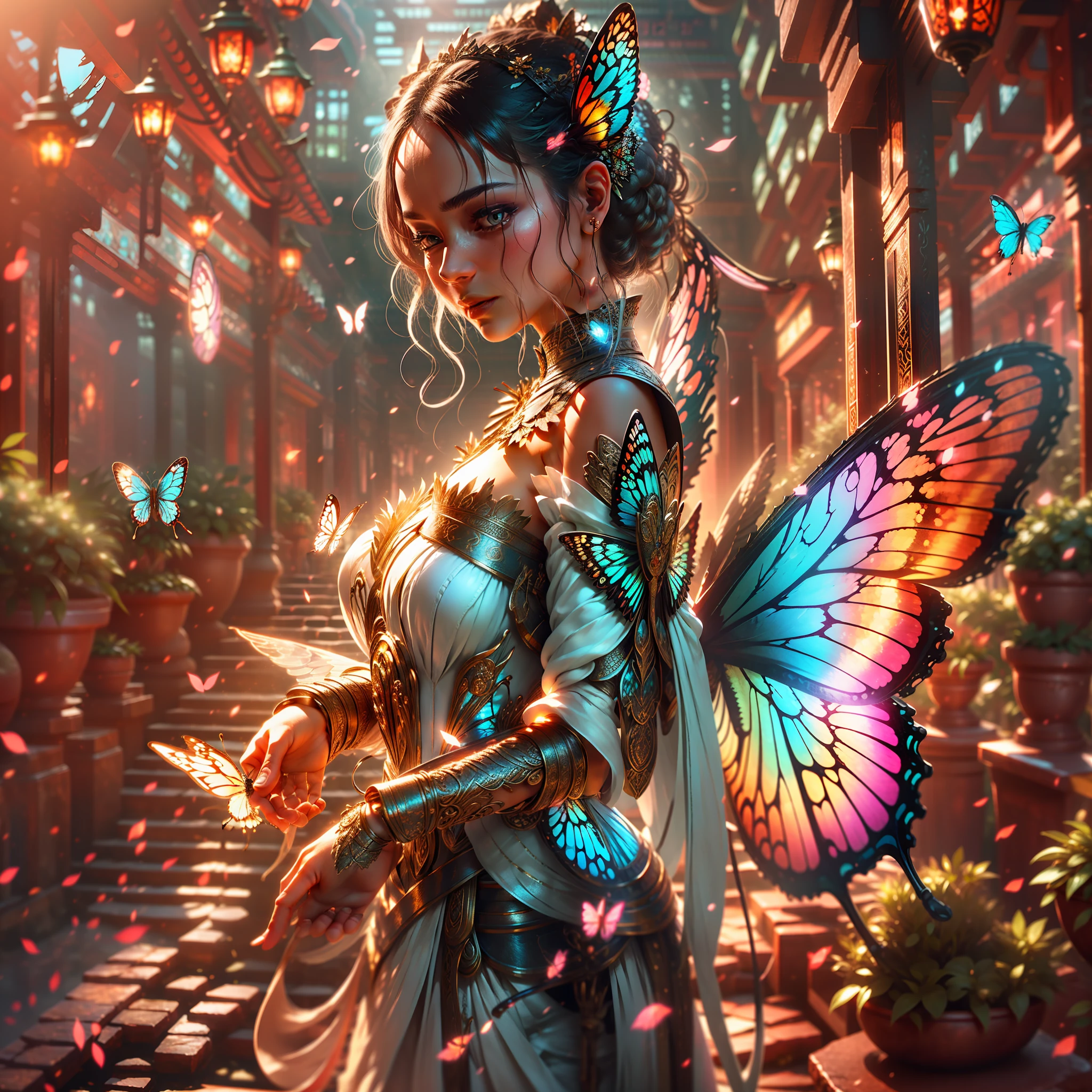 Create an engaging scene in a serene garden as a background, with rich textures. In the center of the image, a woman with delicate features, appearing fragile, is standing facing the observer, her gaze facing upwards. Its back is adorned by butterfly wings that bloom gracefully. The image resolution is 8K, providing a sharp view rich in detail. The carefully represented textures enhance the visual experience, enriching the scene. Sunlight bathes the environment, creating a bright and inspiring context. The image captures the moment when the woman embraces her transformation and finds freedom through butterfly wings.