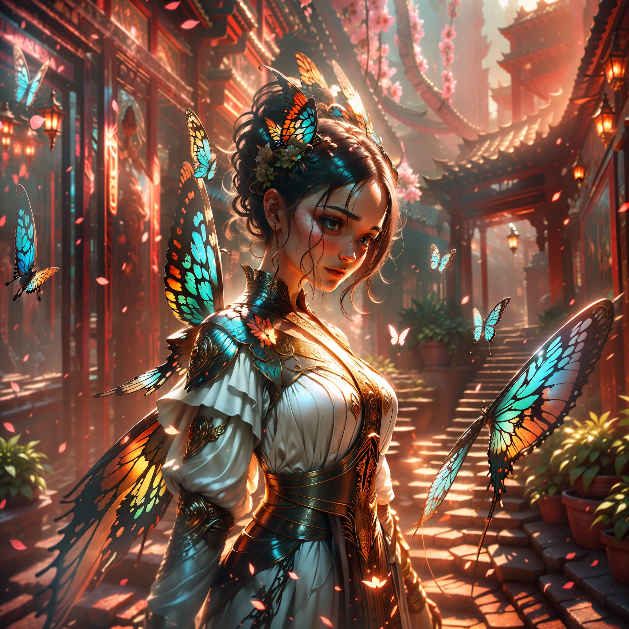 Create an engaging scene in a serene garden as a background, with rich textures. In the center of the image, a woman with delicate features, appearing fragile, is standing facing the observer, her gaze facing upwards. Its back is adorned by butterfly wings that bloom gracefully. The image resolution is 8K, providing a sharp view rich in detail. The carefully represented textures enhance the visual experience, enriching the scene. Sunlight bathes the environment, creating a bright and inspiring context. The image captures the moment when the woman embraces her transformation and finds freedom through butterfly wings.