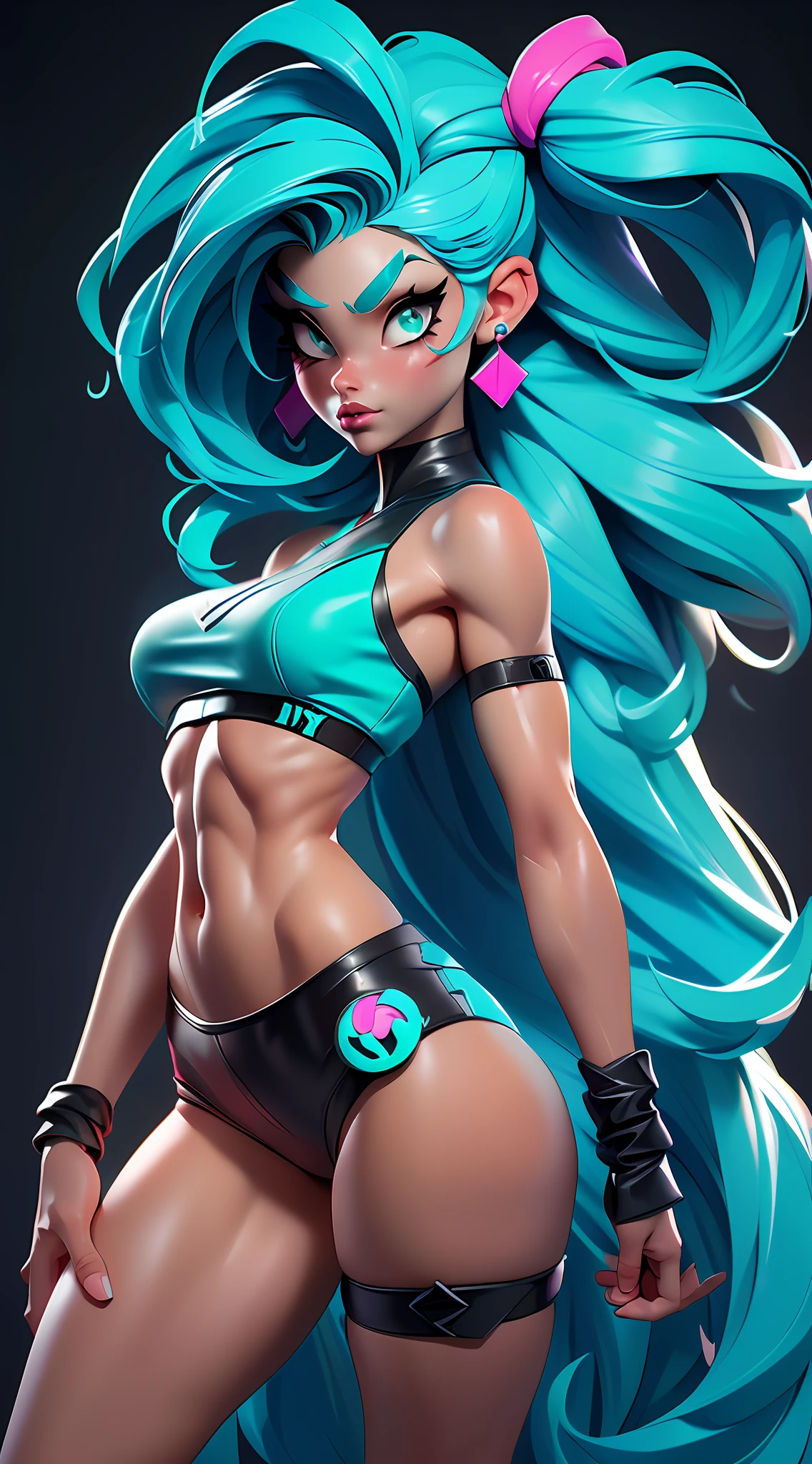 ((Best Quality)), ((Masterpiece)), ((Realistic)) and ultra-detailed photography of a 1nerdy girl with goth and neon colors. She has ((turquoise hair)), wears a small skimpy black thong, bare shoulders. naked body., ((beautiful and aesthetic)), muscular fit body abs, sexy, under-boobs, hot