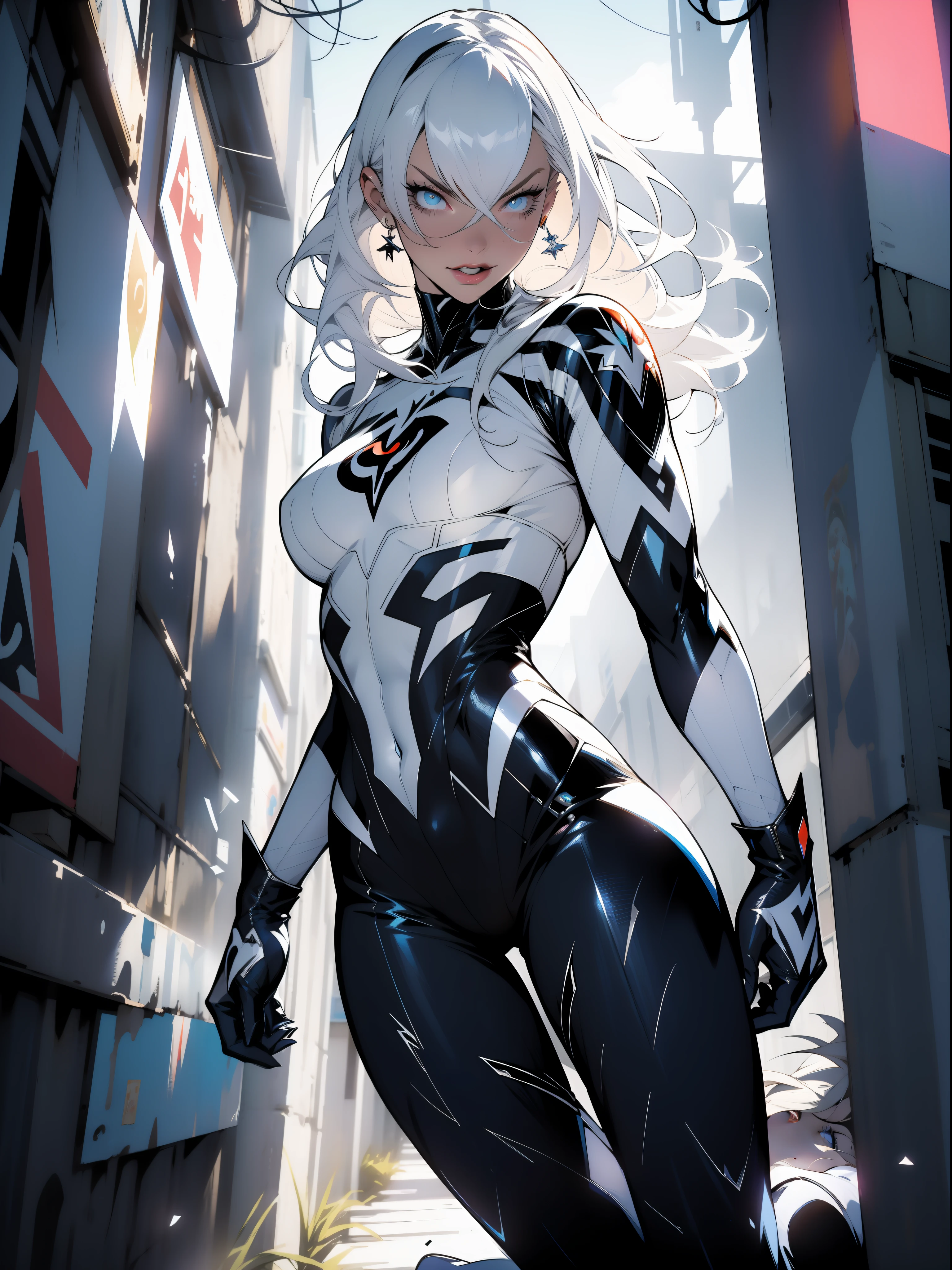 Margot Robbie (Masterpiece, 4k resolution, ultra-realistic, very detailed), (White superhero theme, charismatic, there's a girl on top of town, wearing Venom costume, she's a superhero), [ ((35 years), (long white hair:1.2), full body, (blue eyes:1.2), ((Venom pose),show of strength, jumping from one building to another), ((sandy urban environment):0.8)| (cityscape, at night, dynamic lights), (full moon))] # Explanation: The Prompt mainly describes a 4K painting of ultra-high definition, very realistic, very detailed. It shows a superheroine at the top of the city, wearing a Venom costume. The theme in the painting is a white superhero theme, the female protagonist has long white hair, is 35 years old and her entire body is shown in the painting
