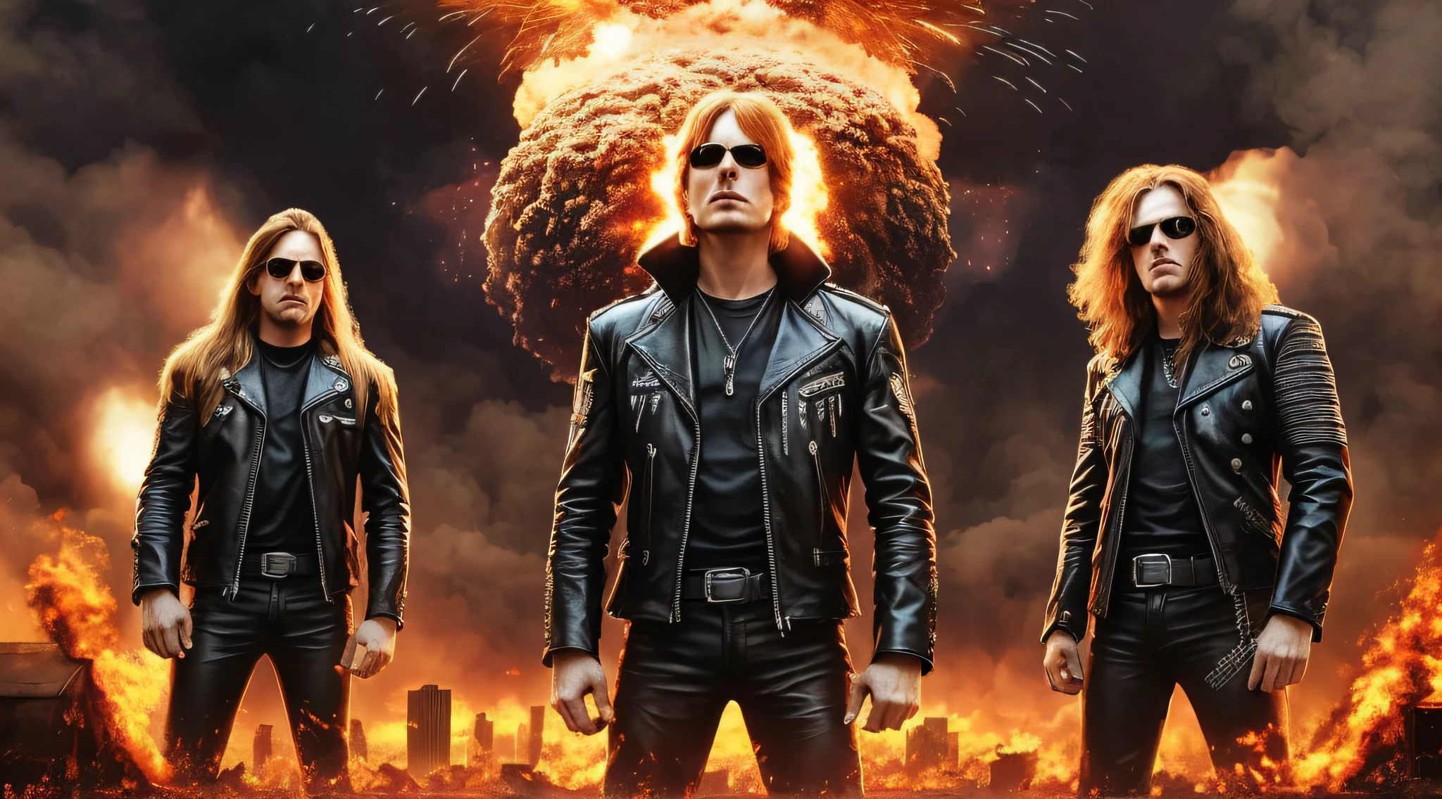 3 boys in leather clothes standing in front of a big explosion, close up, portrait style, hellish, LIGHTNING, Heavy metal promo band, Thrash metal, Heavy Rock promo band photo, Arch Enemy, Burning in Hell, New Wave of British Heavy Metal, Long Blonde Flaming Hair, Heavy Metal The Movie, Destruction, Slayer, 2 0 0 6 Advertising Promo Shot, Proto - Metal Band Promo, Megadeth, death metal, Nuclear explosion over a city with a big mushroom cloud, nuclear bomb explosion, nuclear bomb explosion, nuclear explosion, nuclear mushroom cloud, nuclear attack, nuclear apocalypse, mushroom cloud on the horizon, huge nuclear mushroom cloud, nuclear explosion background, nuclear cloud, nuclear bomb, nuclear explosion on the horizon, Nuclear explosions paint the sky, nuclear war, mushroom cloud in the background