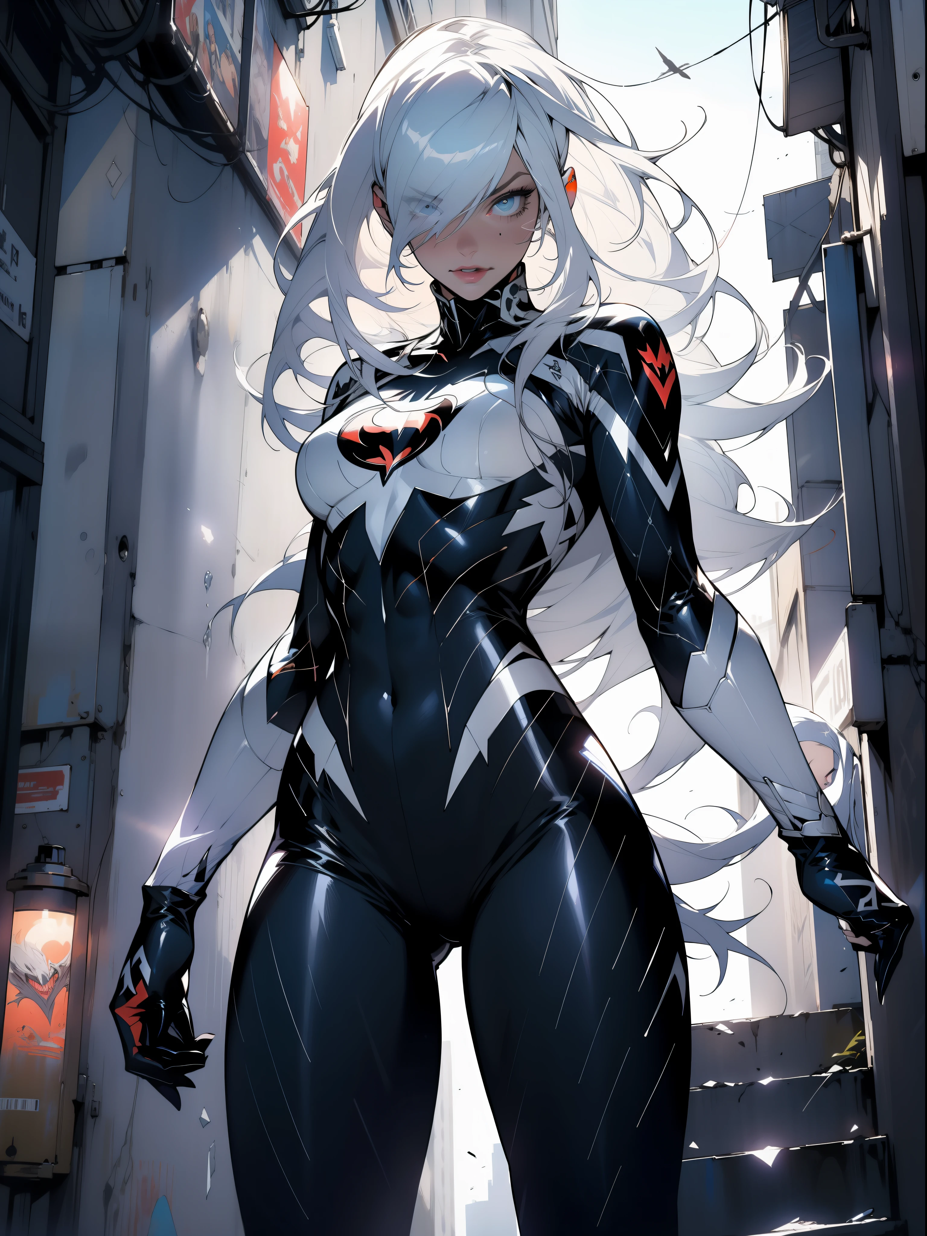Margot Robbie (Masterpiece, 4k resolution, ultra-realistic, very detailed), (White superhero theme, charismatic, there's a girl on top of town, wearing Venom costume, she's a superhero), [ ((35 years), (long white hair:1.2), full body, (blue eyes:1.2), ((Venom pose),show of strength, jumping from one building to another), ((sandy urban environment):0.8)| (cityscape, at night, dynamic lights), (full moon))] # Explanation: The Prompt mainly describes a 4K painting of ultra-high definition, very realistic, very detailed. It shows a superheroine at the top of the city, wearing a Venom costume. The theme in the painting is a white superhero theme, the female protagonist has long white hair, is 35 years old and her entire body is shown in the painting