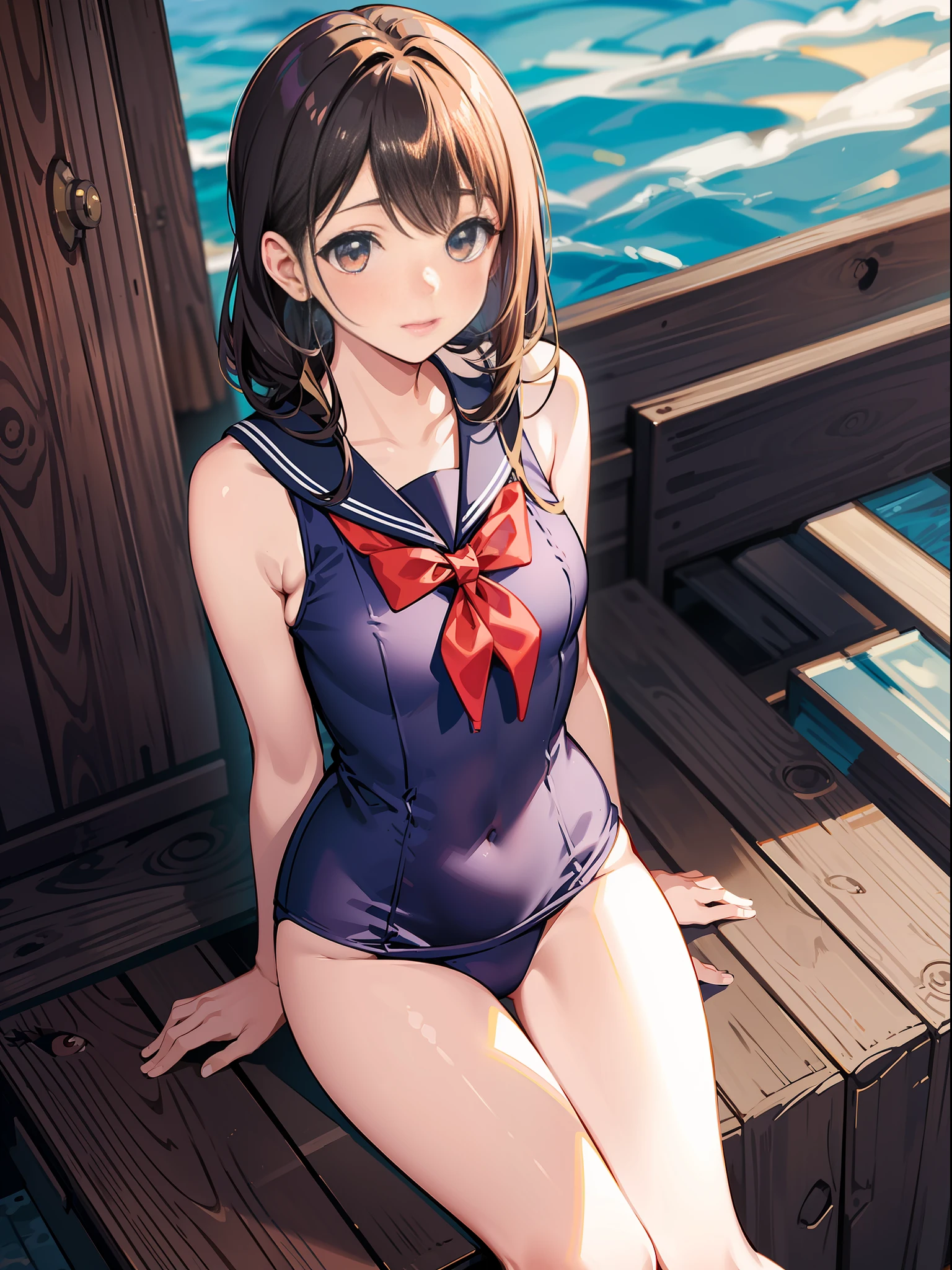 {Japan Slender Pretty Girl}, High Resolution, Best Quality, Super Detail, {Full Body}, Sailor School Swimsuit, Wedges, Fine Details, No Blush, Bite