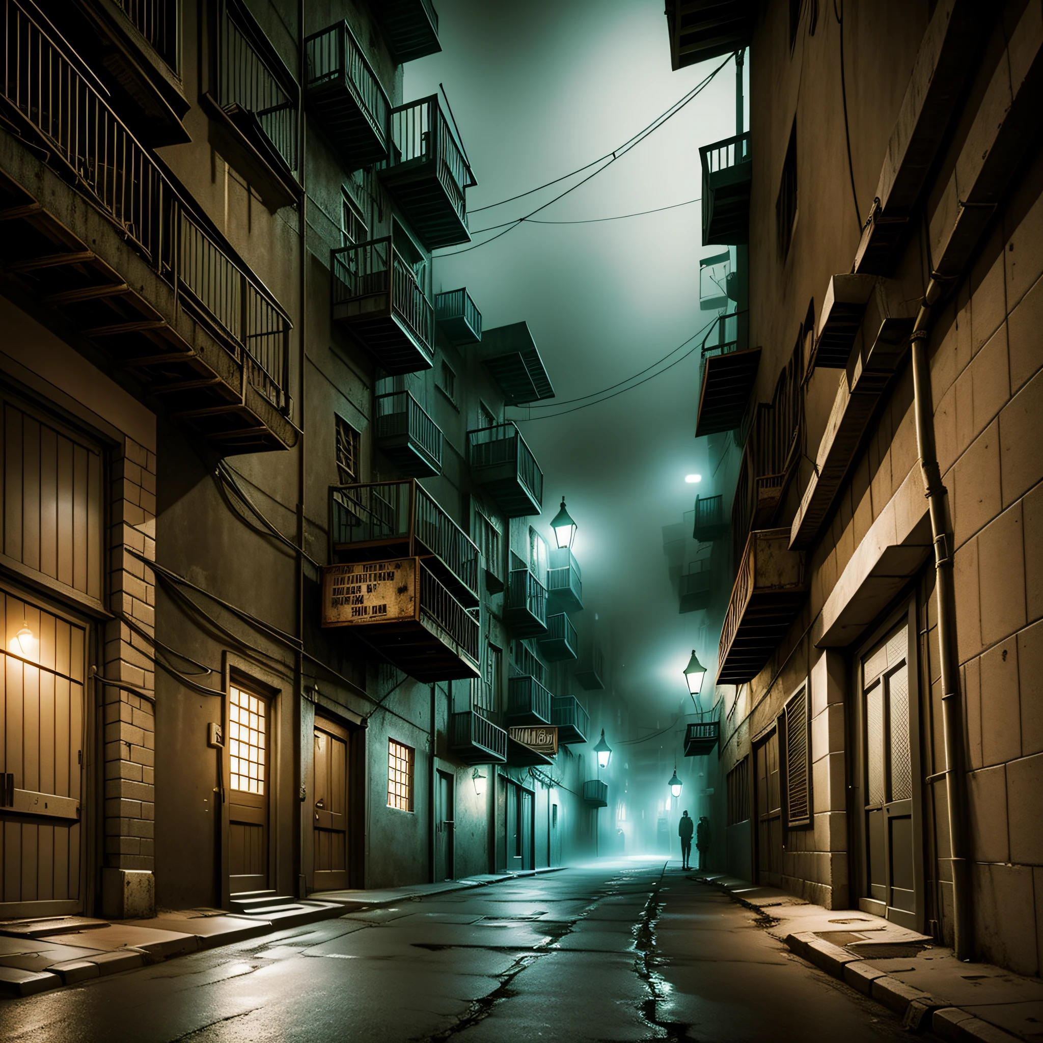 digital art, comics style, dark alley of a dystopian city, realistic, intricate details, 32 k, bars in the alley, maritime mist, low lighting, darkness