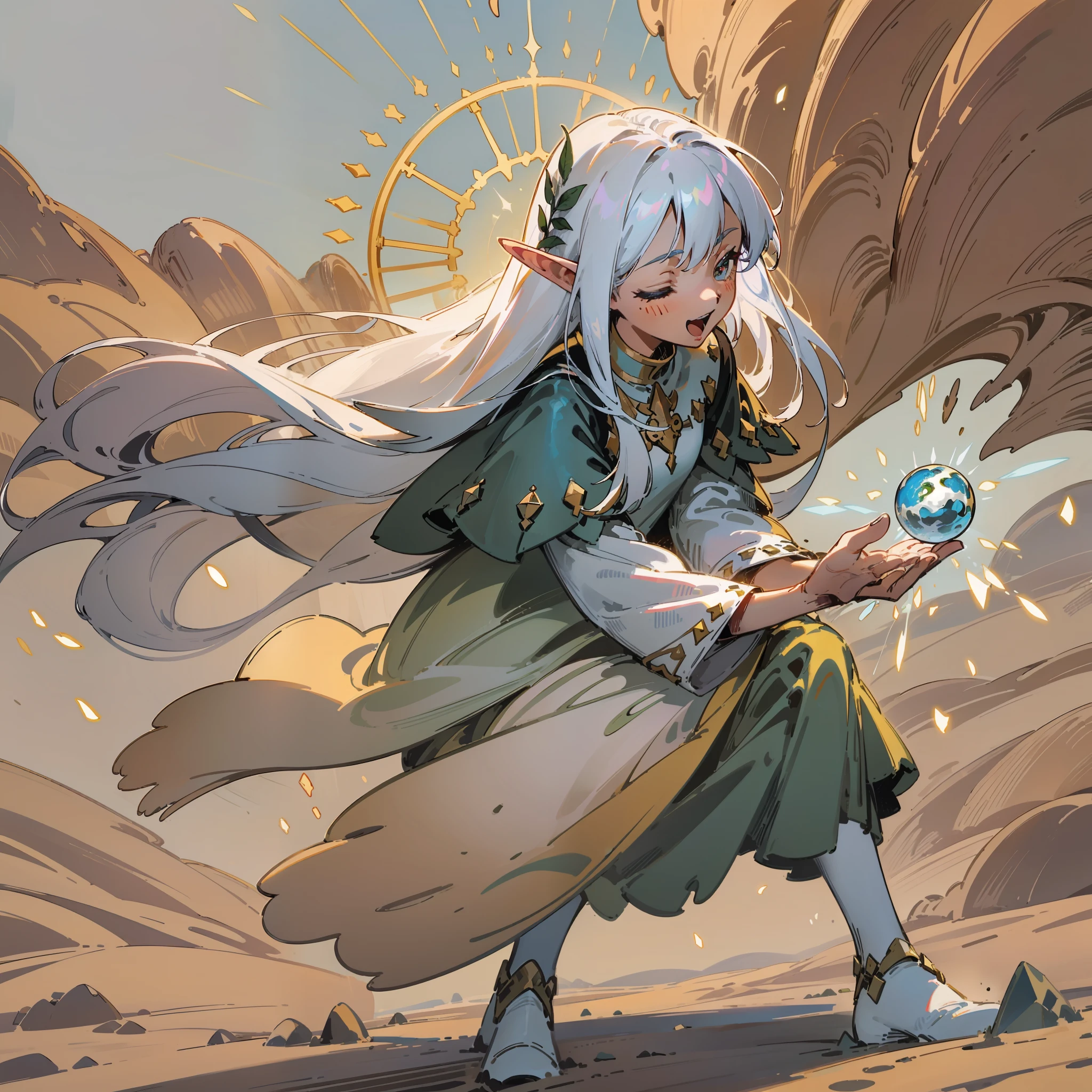 Earth Dun hostess, earth dun, sand, long white hair, emanating, sand suspended on left hand, (right hand is white hand: 1.331), (body levitation: 1.331), front view, warm colors, eyes closed, magic array under the feet, earth ripple, spinning, (back body), (elf on the ground: 1.331), wind, outdoors, strong sunlight, heat, desert, wearing a cassock, (a round of cold ice sparkling behind the back), double eyelids, convex nose bridge, small mouth, maniacal laughter, comics, ray tracing, details, 4K, HD, high quality