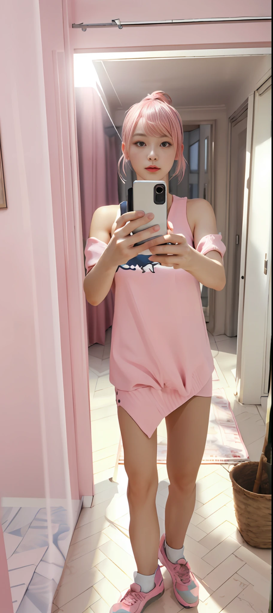 (masterpiece, best quality), ultra-realistic photo, ultra-detailed texture, (dynamic angle, 1 girl solo), perfect face, attractive feminine body, ponytail, bang, pink hair, 8k resolution