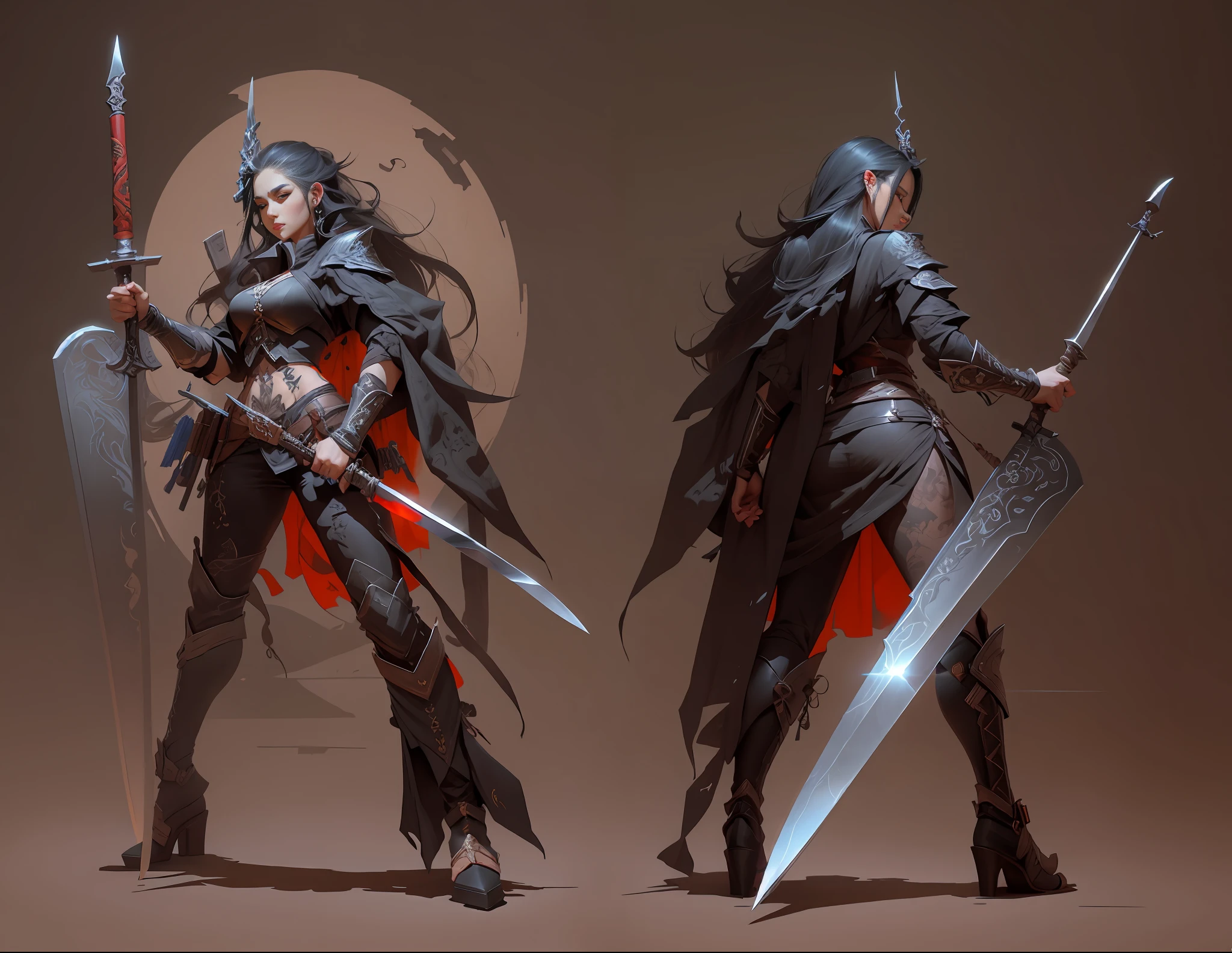 Ink style heroine, holding a huge wooden weapon, a knife in one hand, super high quality, 8K, game setting, concept design, original art, front and back views of the same character