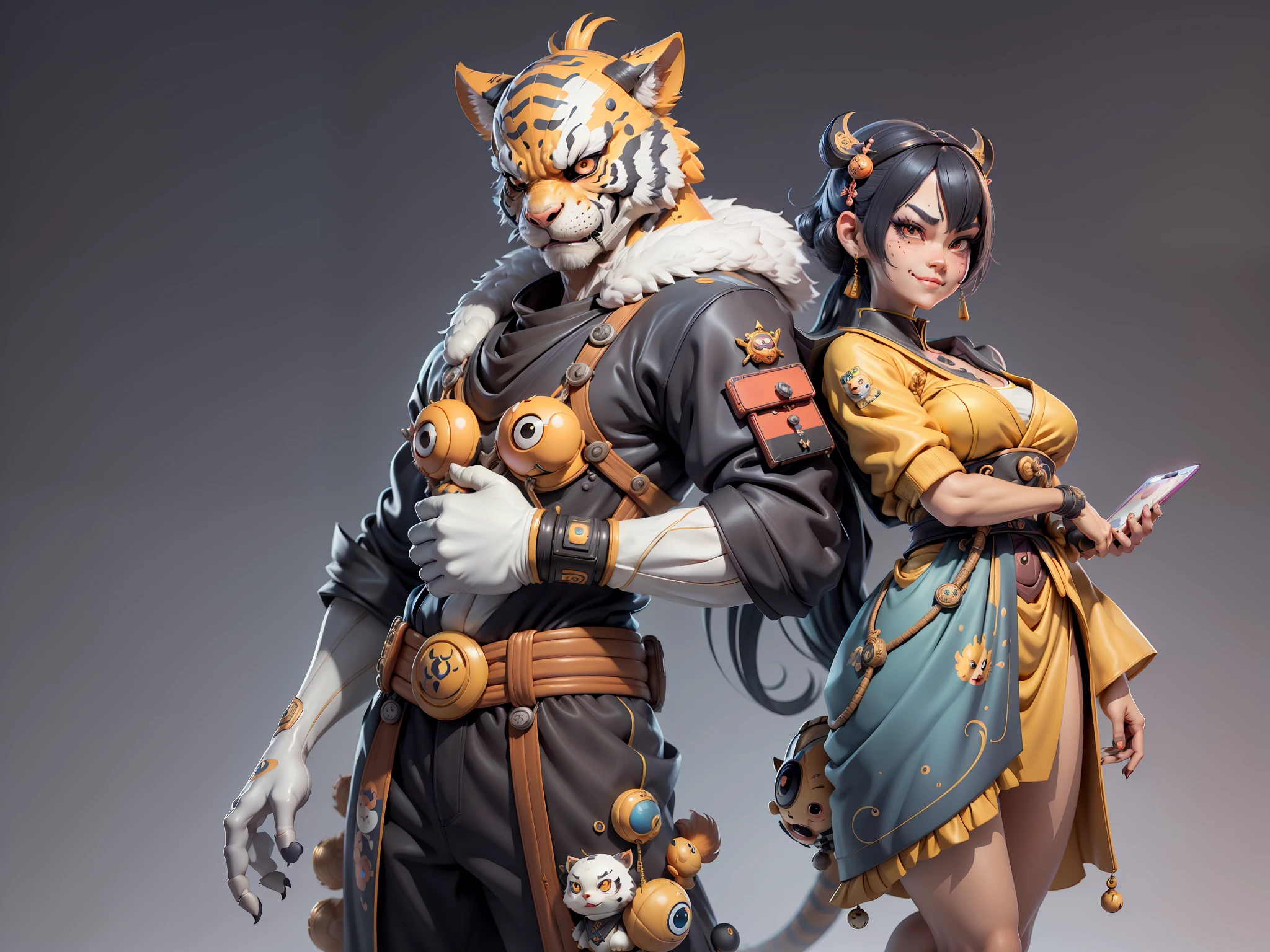 (Masterpiece), (Extreme Quality), (Super Meticulous), (Full Body: 1.2), Super Young Woman, Japanese Female Geisha, Beauty, Chinese Dragon, Tiger, Fengshen Thor, Sexy, Bursting, Oriental Face, TV Anchor, Bust Portrait Illustration, Alone, Black Suit, Blue Tie, Slightly Chubby, Very Clean Face, No Beard, Black Super Short Hair, Black Eyes, Confident Smile, 3c Computer Sub-Products, iPad, iPhone, Digital Painting, 3D character design by Mark Clairedon and Pixar and Hayao Miyazaki and Akira Toriyama, the illustrations are HD illustrations in 4K resolution with highly detailed facial features and cartoon-style visuals.
