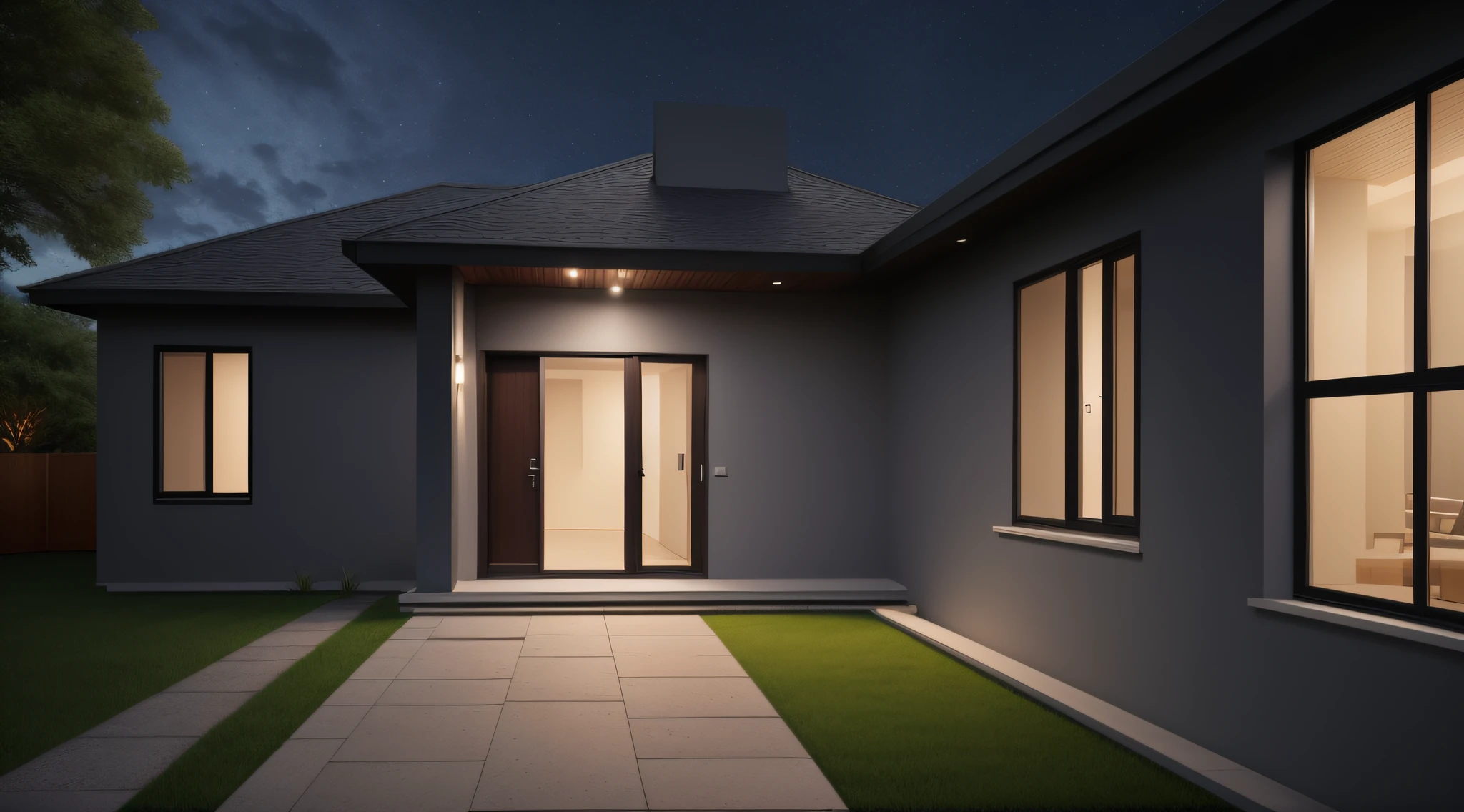 Approximate view of a house, near the door, urban, house with only one door, dark sky, night, dawn, midnight.