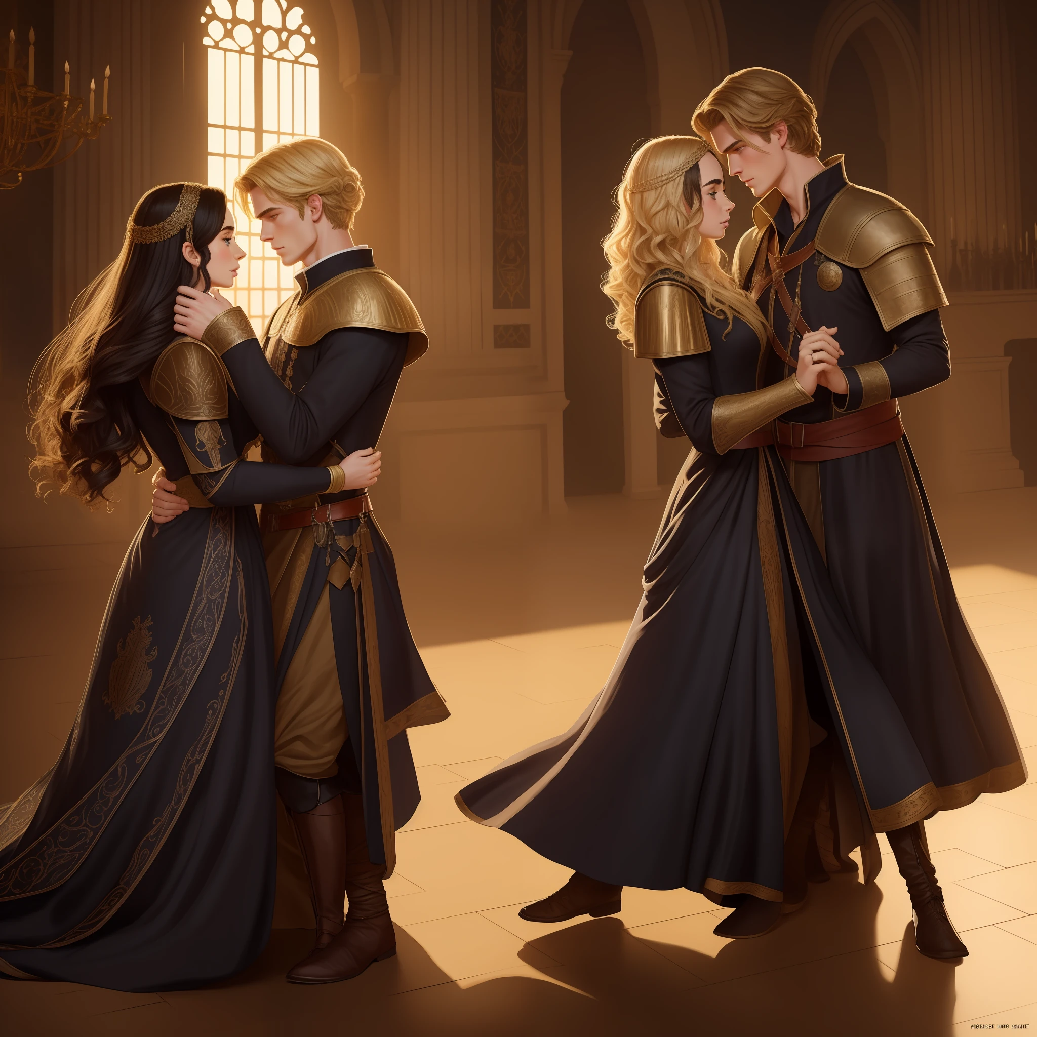 Lily Collins, who has curly black hair, wears a medieval dress. the Neels Visser wears a medieval military outfit and has blonde hair. The couple is waltzing in the ballroom. The illustration is like a book cover with a detailed, bright, illuminated, ultra detailed background, concept art, elegant, WLOP art